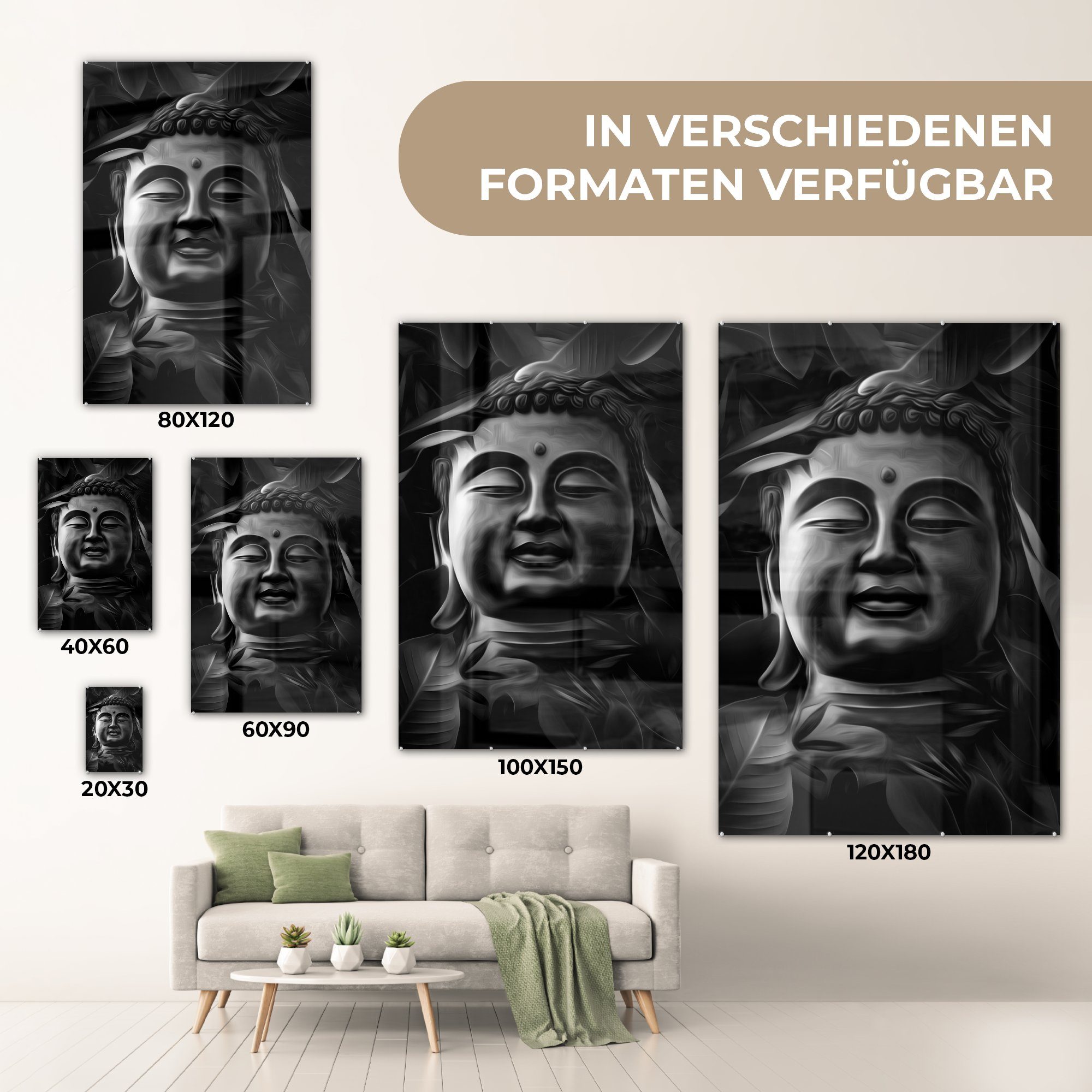 Wanddekoration auf mit und - (1 Glasbilder - Wandbild eines MuchoWow Buddha Glas St), Kopfes Bilder Blättern des Foto Acrylglasbild bunt schwarz auf - Glas weiß, Illustration -