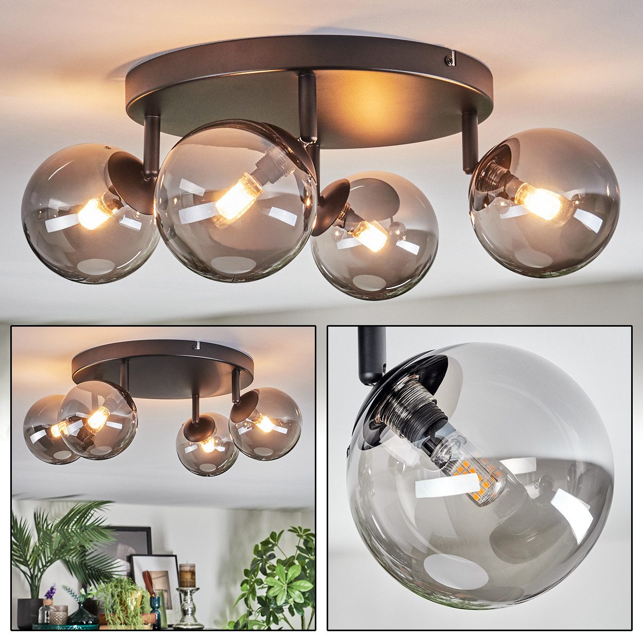 hofstein Deckenleuchte Deckenlampe aus Metall/Glas in Schwarz/Rauchfarben, verstellbare Deckenleuchte im Vintage-Design (Schirme 12 cm), 4 x G9