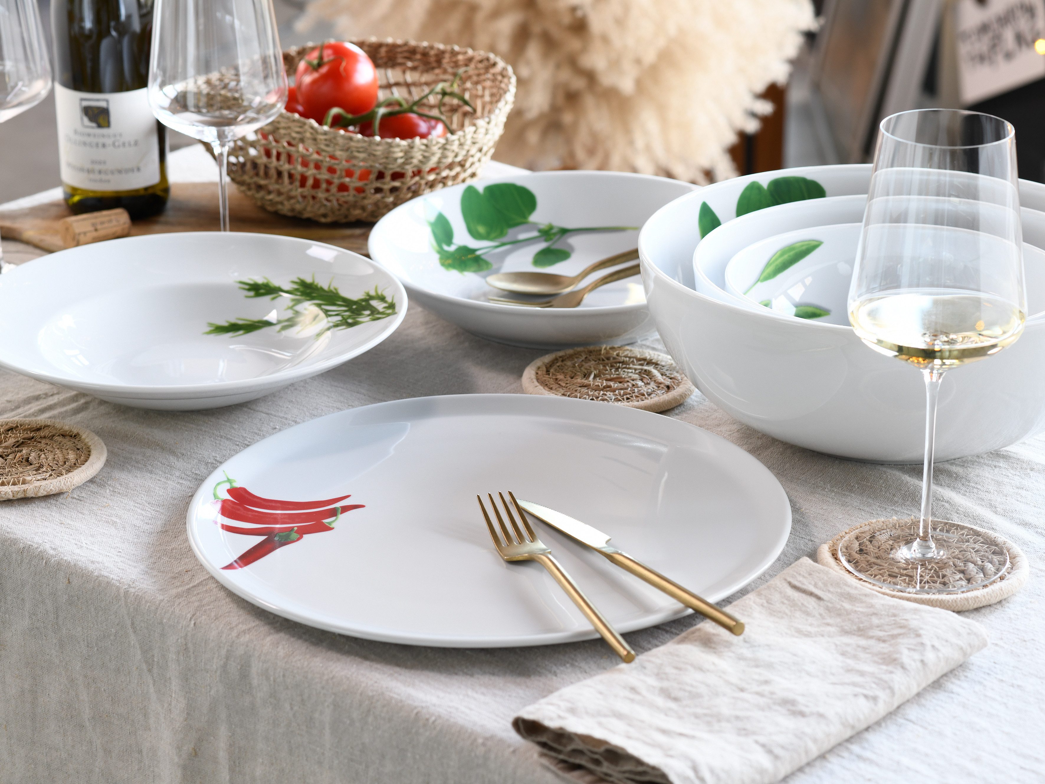 CreaTable Pastateller Essteller Kräuter, (4 St), Teller Set für 4 Personen, weiß, Porzellan, schwere Qualität