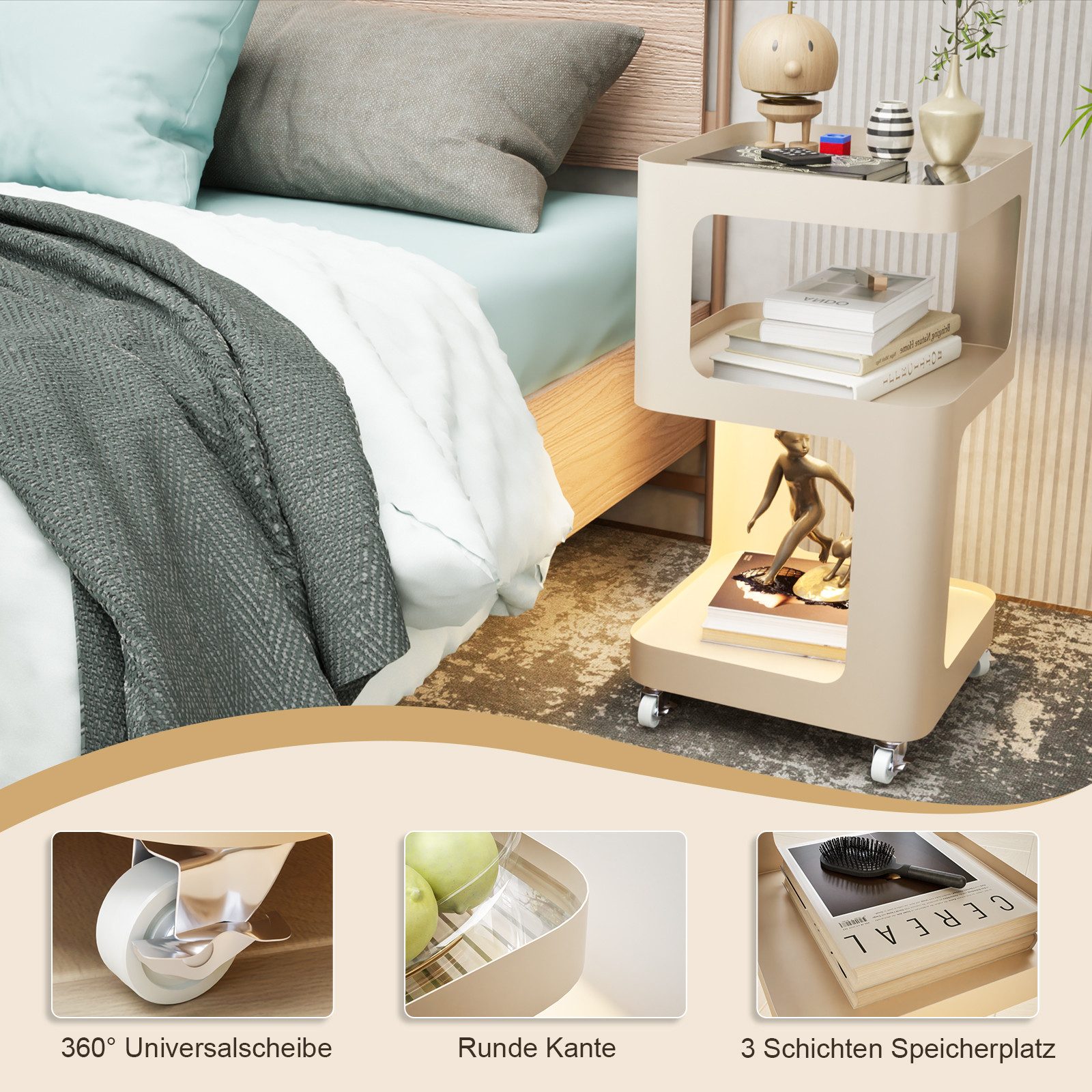 TWSOUL Beistelltisch Nachttisch Metallrahmen+Glasplatte, Sensor-LED&Rollen, Weiß, Couchtisch Ohne Montage, 35x59 cm Wohnzimmer, Schlafzimmer