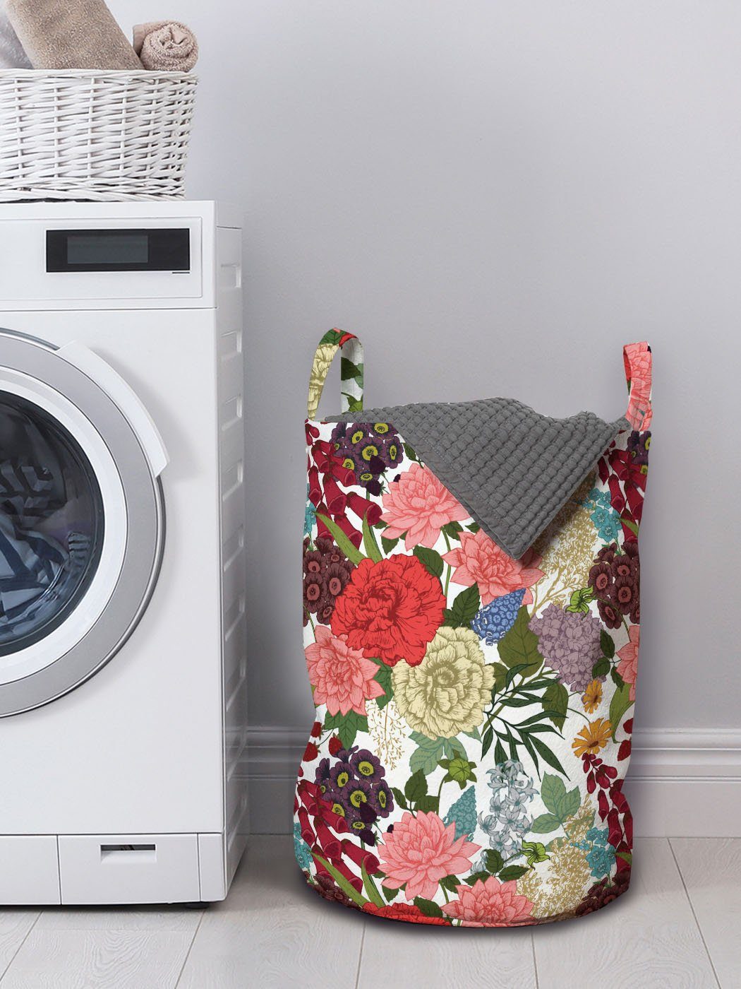 Griffen Blumen mit Wäschekorb Abakuhaus Bouquet Wäschesäckchen für Kordelzugverschluss Waschsalons, Romantisches Design