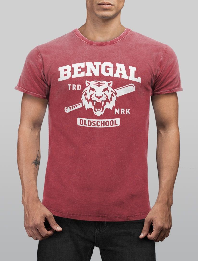 Herren Printshirt Print Aufdruck Vintage T-Shirt mit Neverless Fit Bengal Shirt Neverless® Print-Shirt USA rot Tiger Baseball Slim Look Sport Used