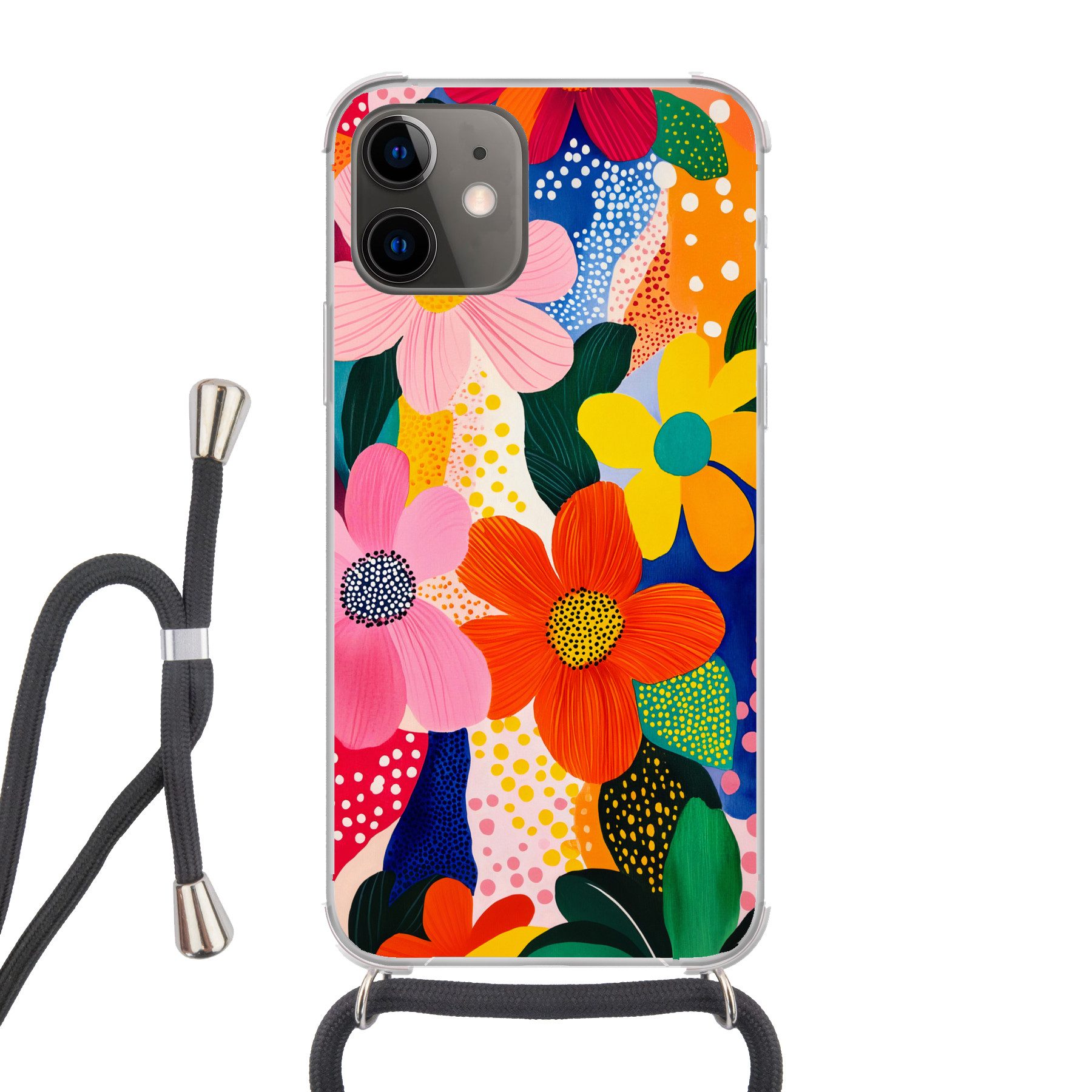 MuchoWow Handyhülle für Apple iPhone 12 Blumen - Bunt - Tupfen, Tragbare Handyhüllen mit Kette zum umhängen, Handykette Handyband