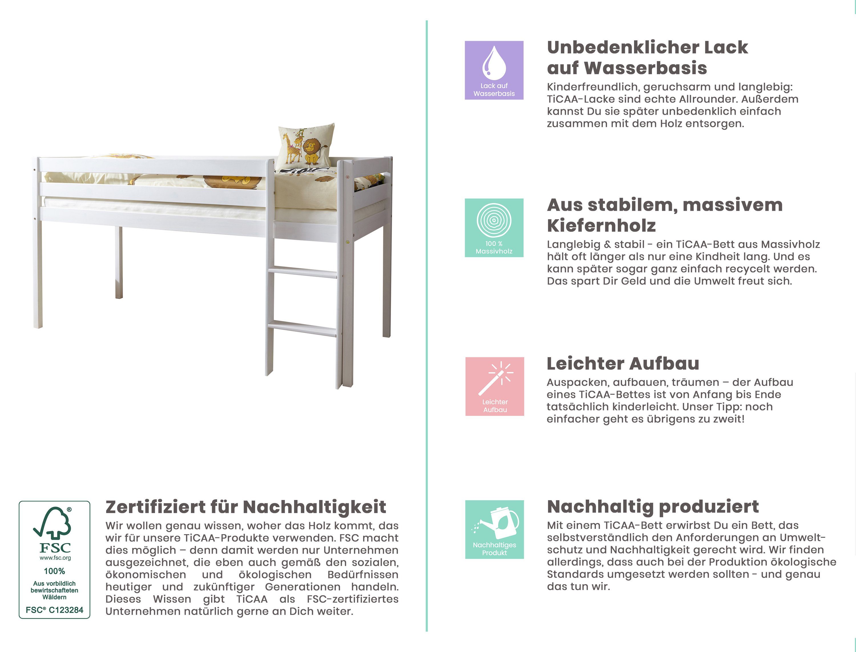 Ticaa Hochbett Hochbett "Malte" Kiefer Weiß Classic Weiß lackiert (Holzmaserung sichtbar)