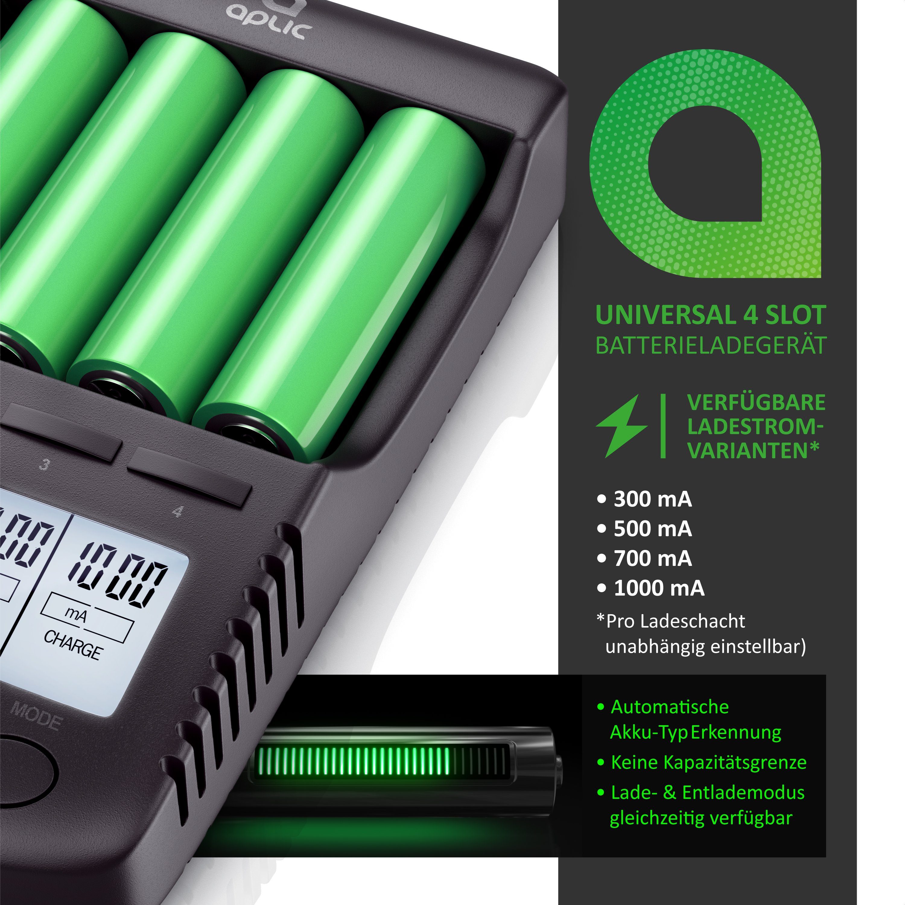 Aplic Power Akku Ladegerät, Universale Ladestation für AA AAA 18650 Akkus Akku-Ladestation (1000 mA, Intelligent Battery Charger mit USB-Ladeport, für Li-ion, Ni-MH, Ni-CD)