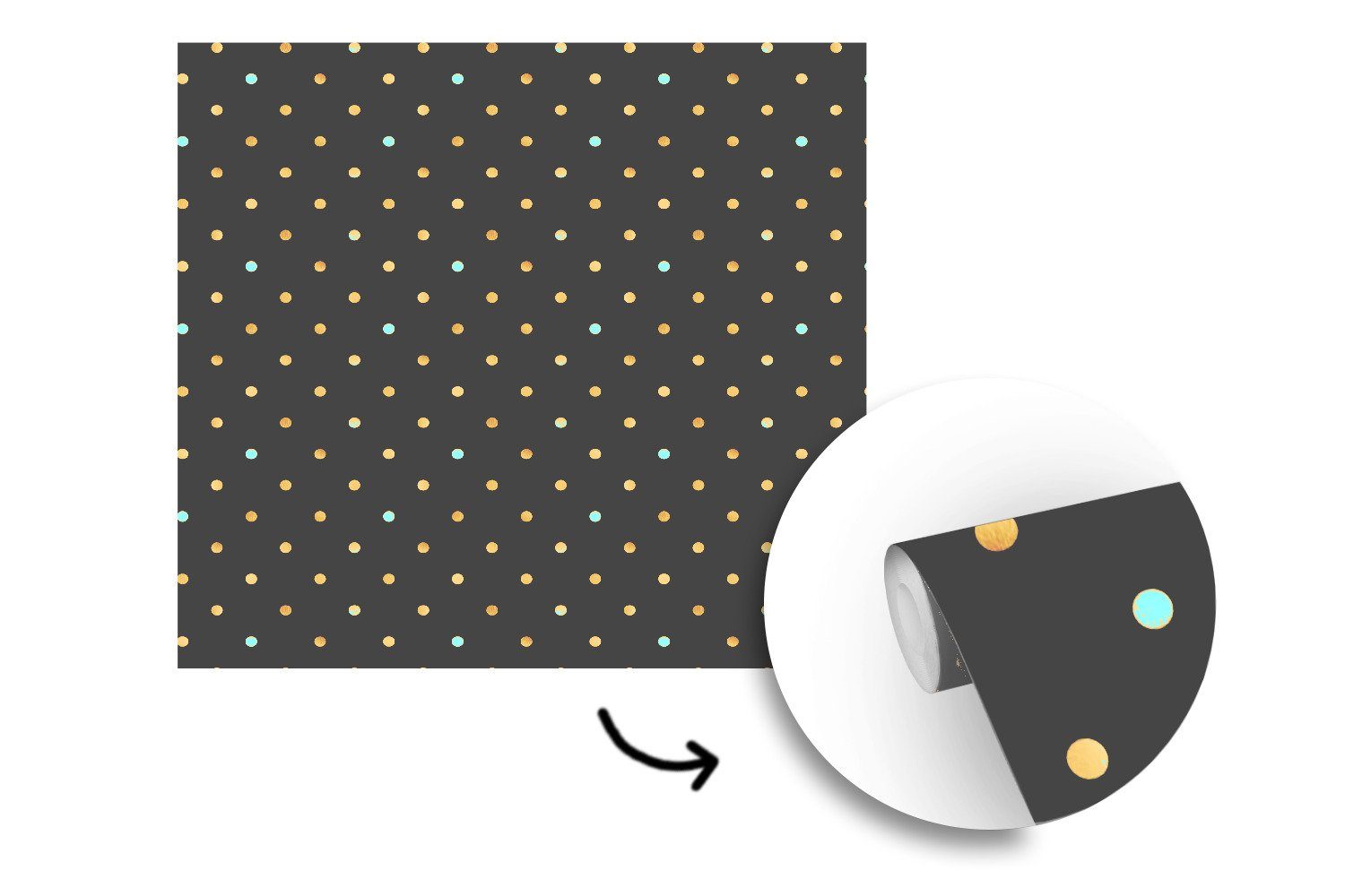 Schwarz, Tapete Wandtapete Fototapete für Muster MuchoWow - oder Tupfen - Gold Wohnzimmer Vinyl (5 St), - bedruckt, Schlafzimmer, Matt,