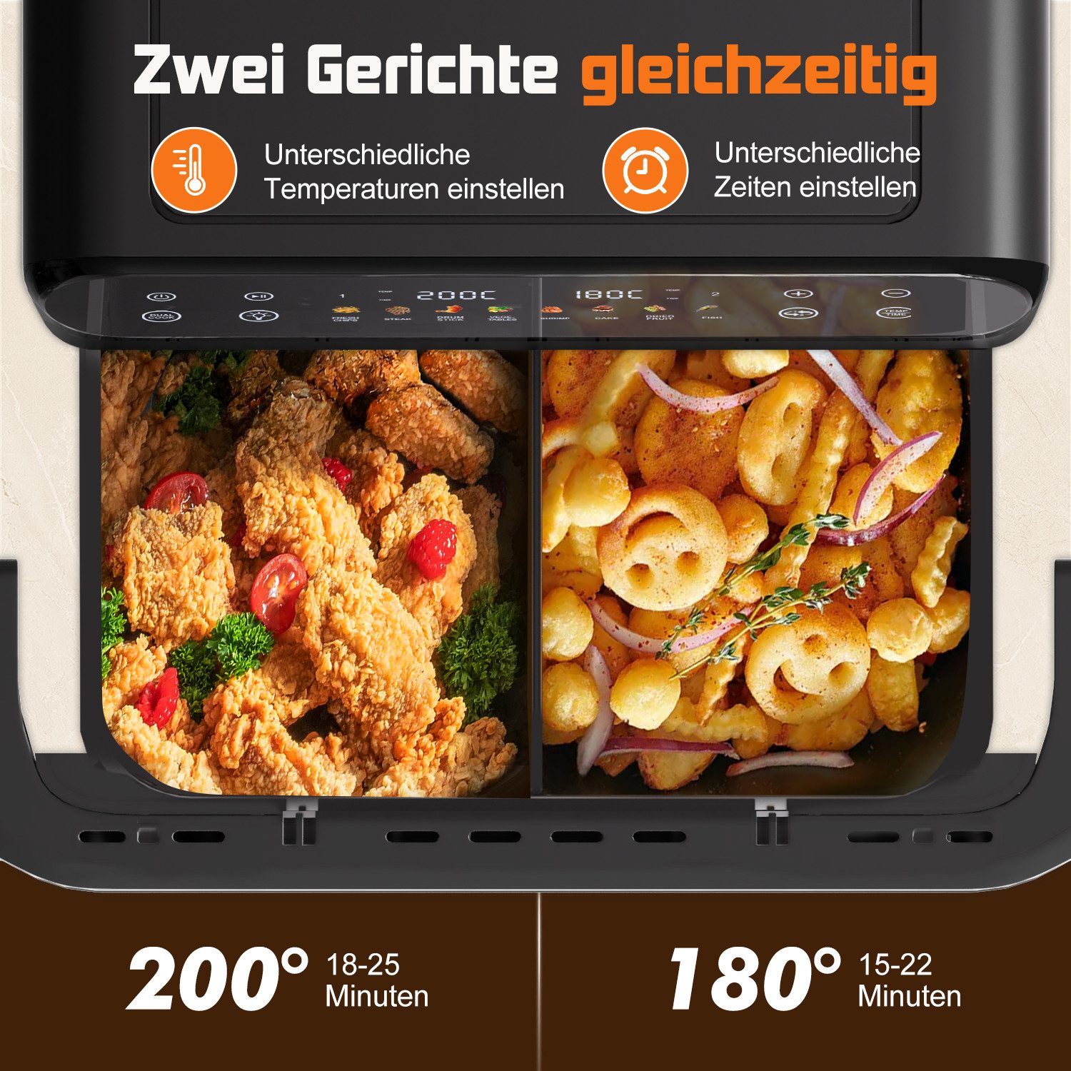 Fukstern Heißluftfritteuse XXL Familien-Airfryer 10L – Ein Topf oder 2-Zonen Airfryer mit Metall-Innenraum, Touchscreen & Sichtfenster, 2400 W, Herausnehmbare Trennwand, 8-in-1, separate Temperatur – Pizza