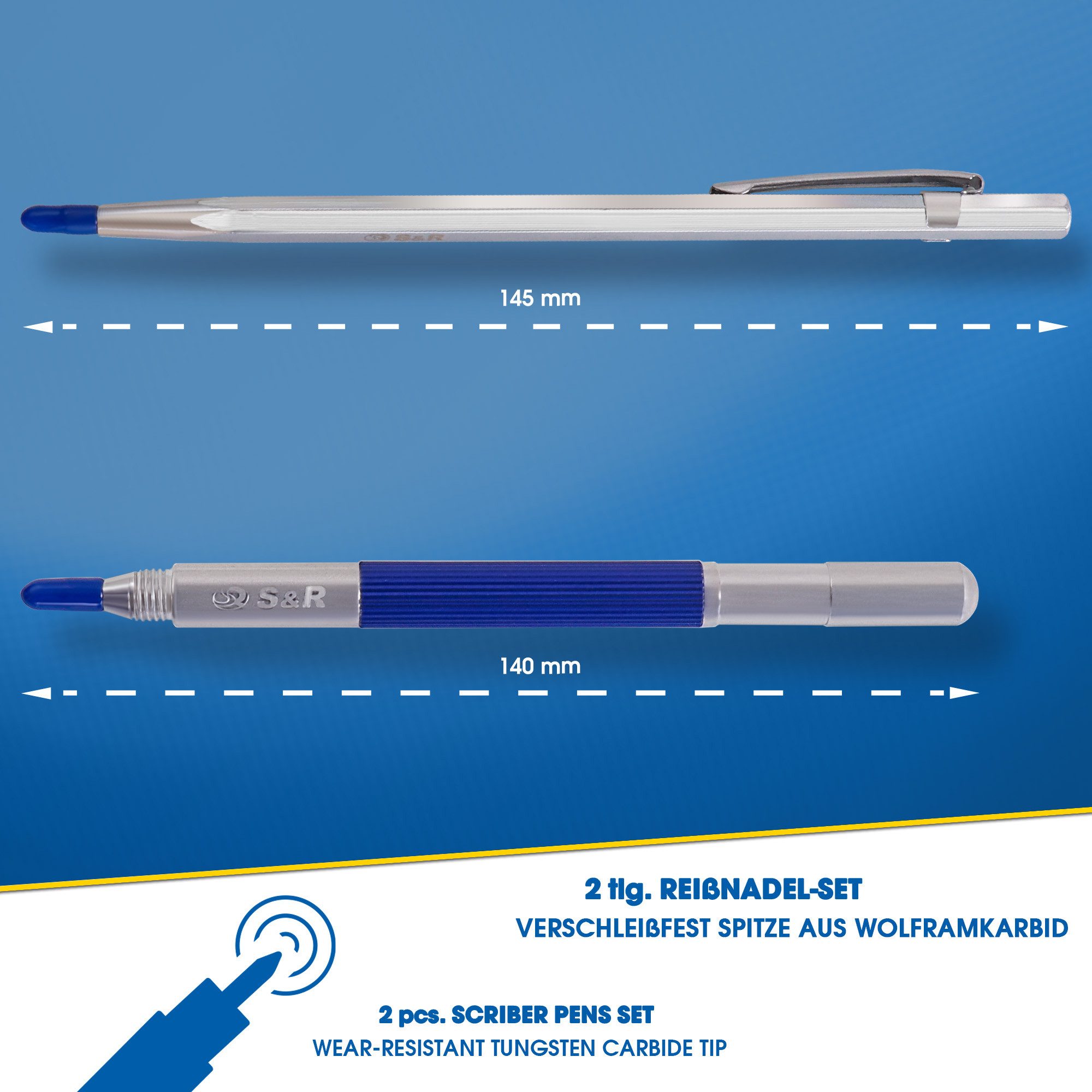 S&R Reißnadel Anreißnadeln, Anreißwerkzeug mit Wolframkarbid Hartmetall-Spitze, (Set 2-St. mit 2 Anreißnadeln), zum Markieren, Gravieren von Metall, Edelstahl, Holz, Keramik, Glas