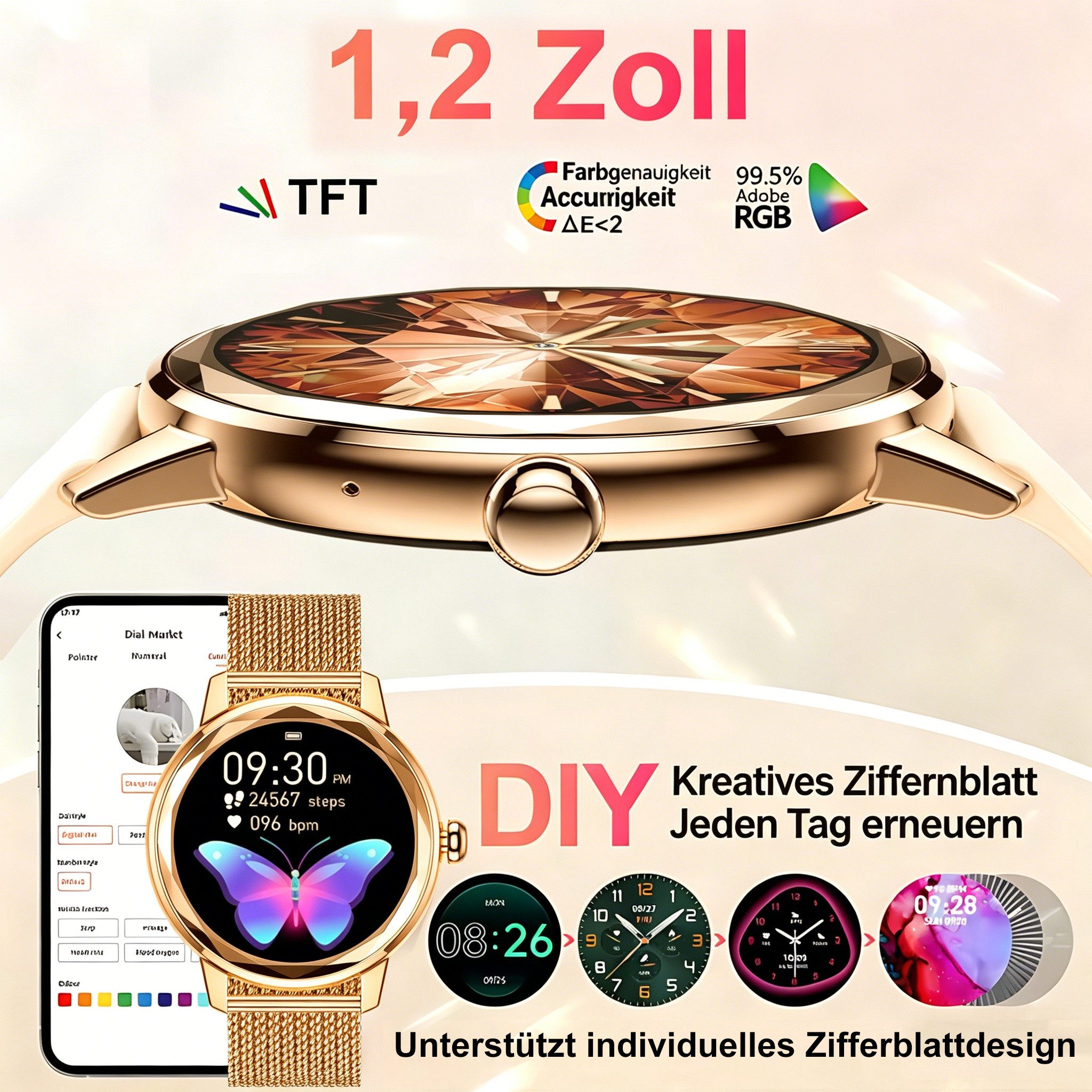 Vornix 2026 Neues Smartwatch Damen, Fitness Uhr mit Anruffunktion Smartwatch Smartwatch (Fitnessuhr mit Telefonfunktion/WhatsApp Notiz,Smartwatch Fitness Tracker Uhr IP68 Wasserdicht,1.2" HD Voll Touchscreen Fitnessuhr Tracker mit Blutsauerstoff/Pulsmesser/Sportuhr/Schrittzähler/Schlafmonitor Aktivitätstracker usw für iOS/Android Uhren Watch cm)