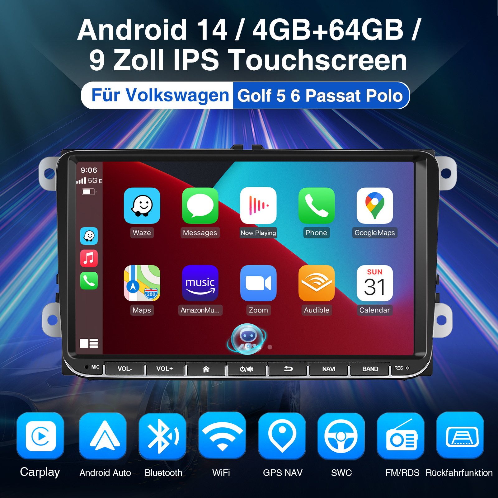 ESSGOO 9" Android 14 Carplay Für VW GOLF 5 6 Passat Caddy Touran EOS Polo 6R Autoradio (DAB+ (optional), FM, RDS, Android Auto GPS Navi WIFI FM Bluetooth RDS To – Bild 2 von 5