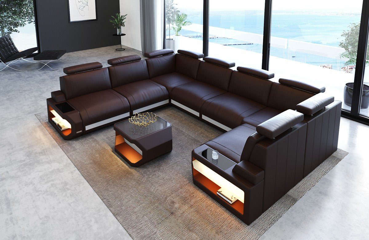 Sofa Dreams Wohnlandschaft Leder Couch Sofa Siena U Form Ledersofa, U-Form Ledersofa Wohnlandschaft mit LED-Beleuchtung und USB | Wohnlandschaften