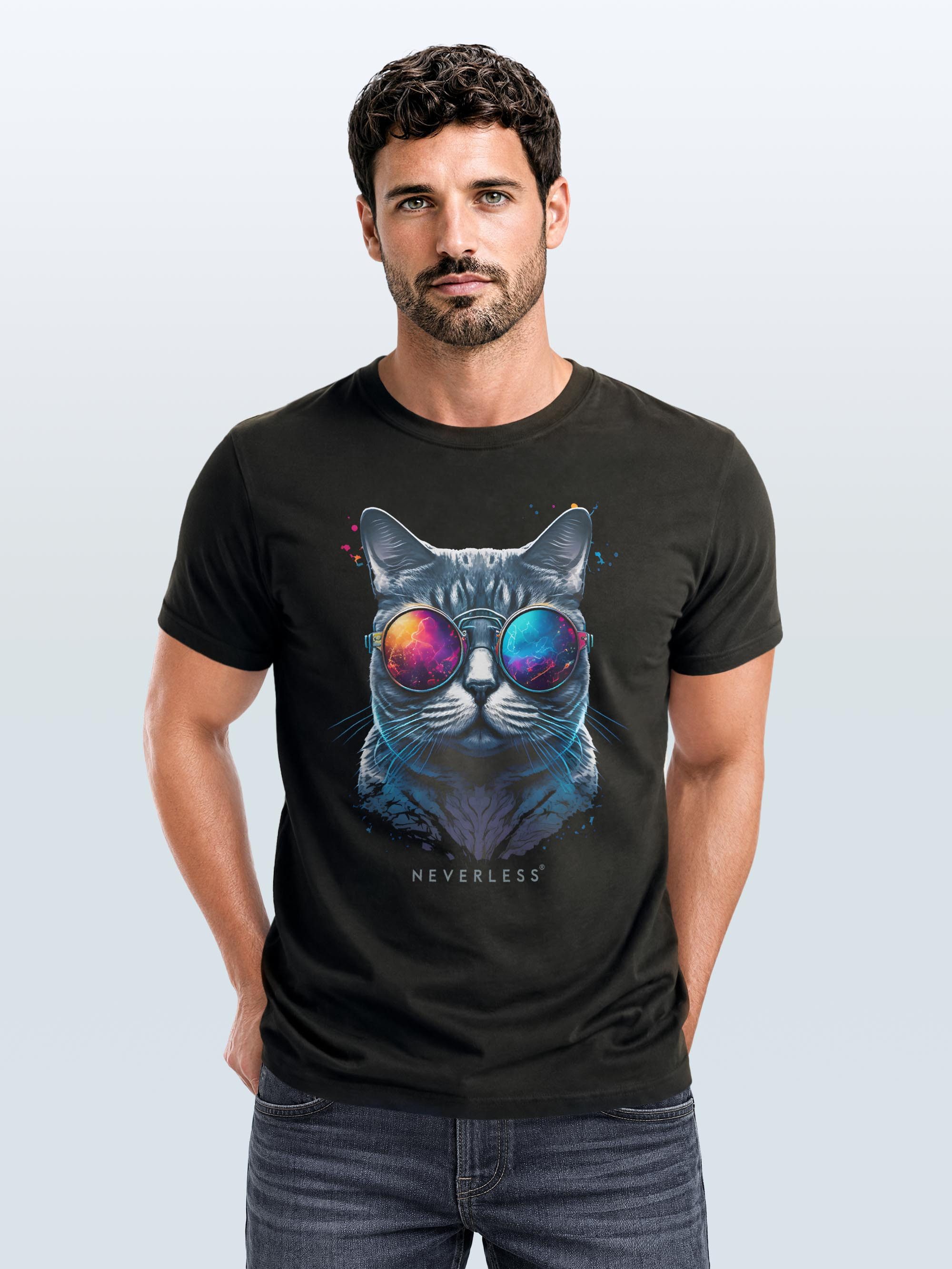 Neverless Print-Shirt Herren T-Shirt Aufdruck Katze Cat Sommer Sonnenbrille Style Fashion mit Print