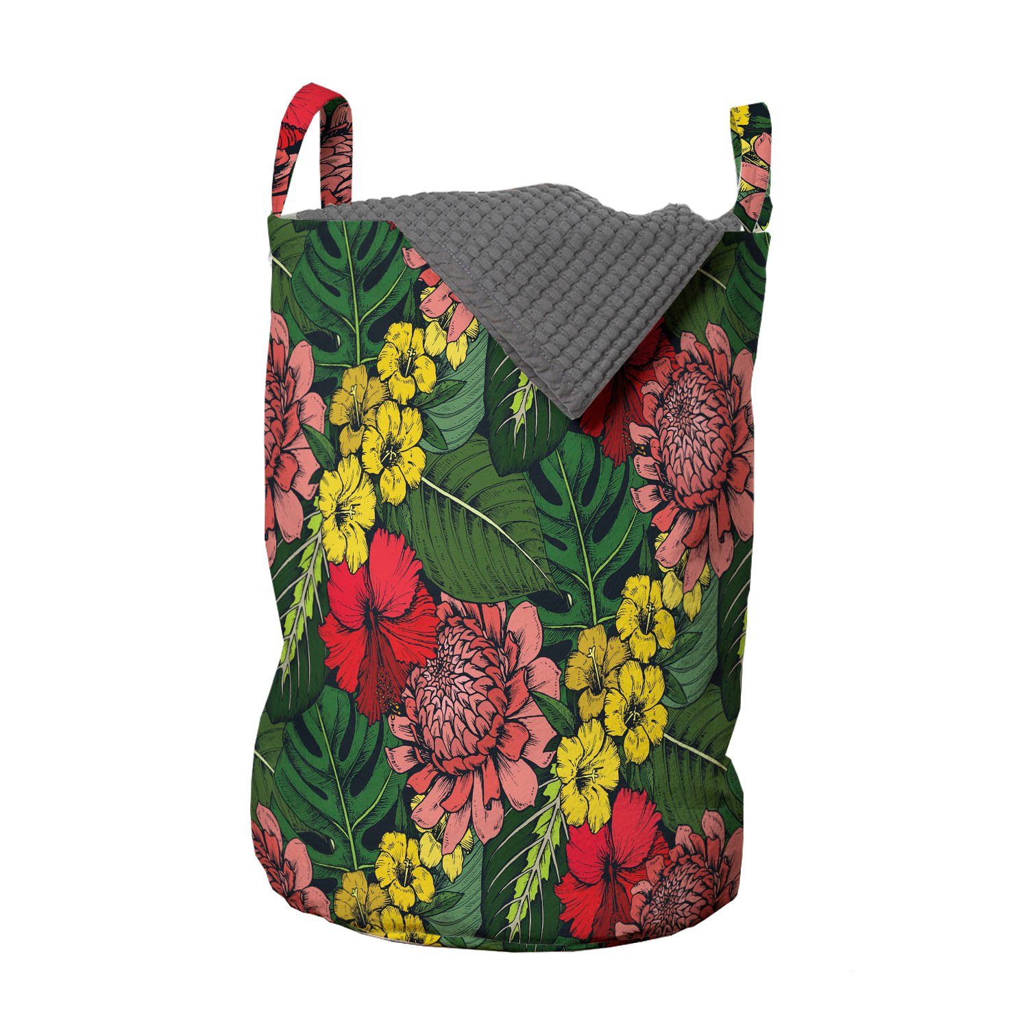 Abakuhaus Wäschesäckchen Wäschekorb mit Griffen Kordelzugverschluss für Waschsalons, Tropisch Dschungel-Blumen und Blätter