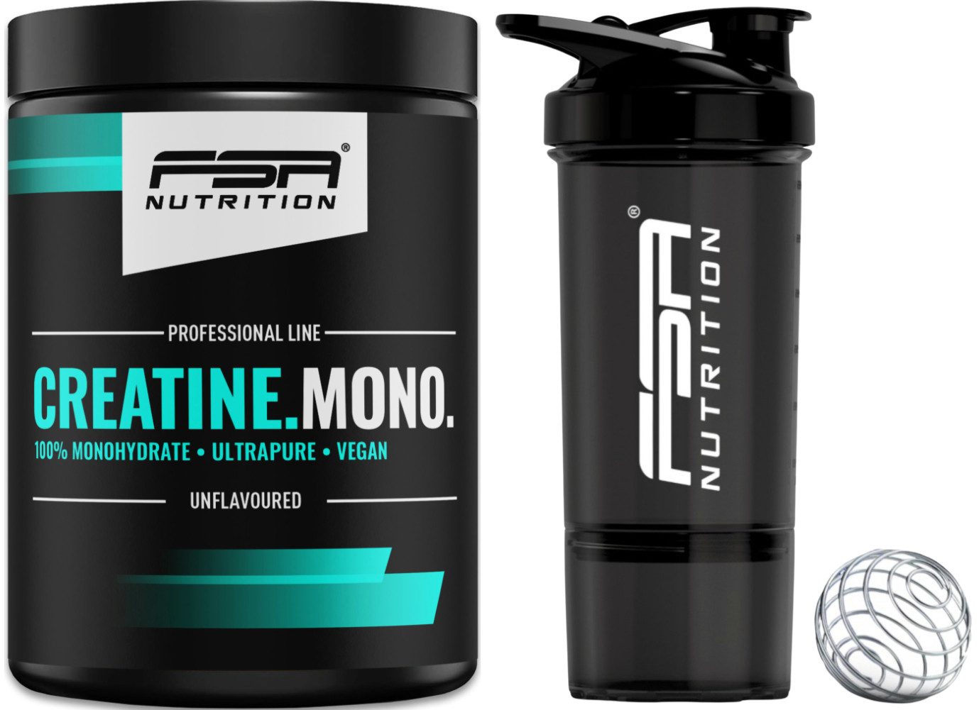FSA NUTRITION Set Kreatin Monohydrat Pulver 500g + Shaker mit Pulverfach Schwarz - Pulver + Shaker