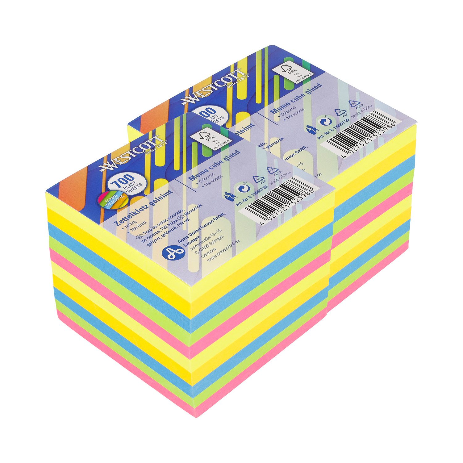 WESTCOTT Notizzettel Notizblock bunt 700 Blatt (2er-Set), Zettelblock geleimt mit 9 x 9 cm, FSC-zertifiziertes Papier 80g/m²
