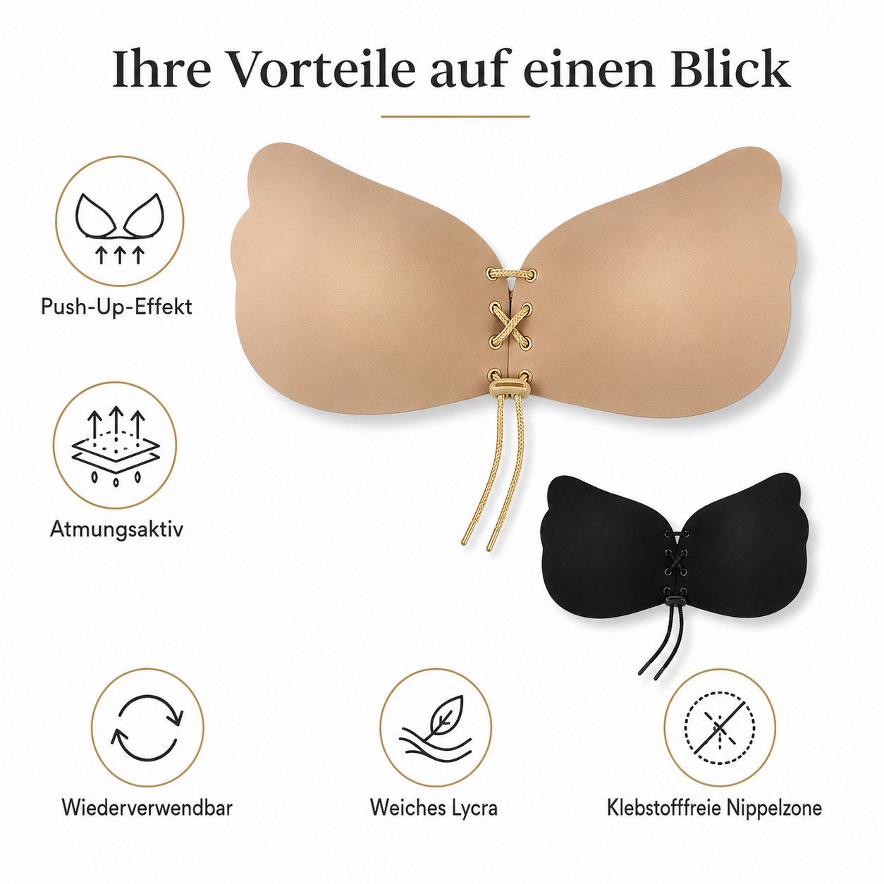 Diyarts Set: Push-up-BH (2× selbstklebender Push-Up-BH (1× beige, 1× schwarz) Trägerlos & rückenfrei – unsichtbar unter jedem Outfit