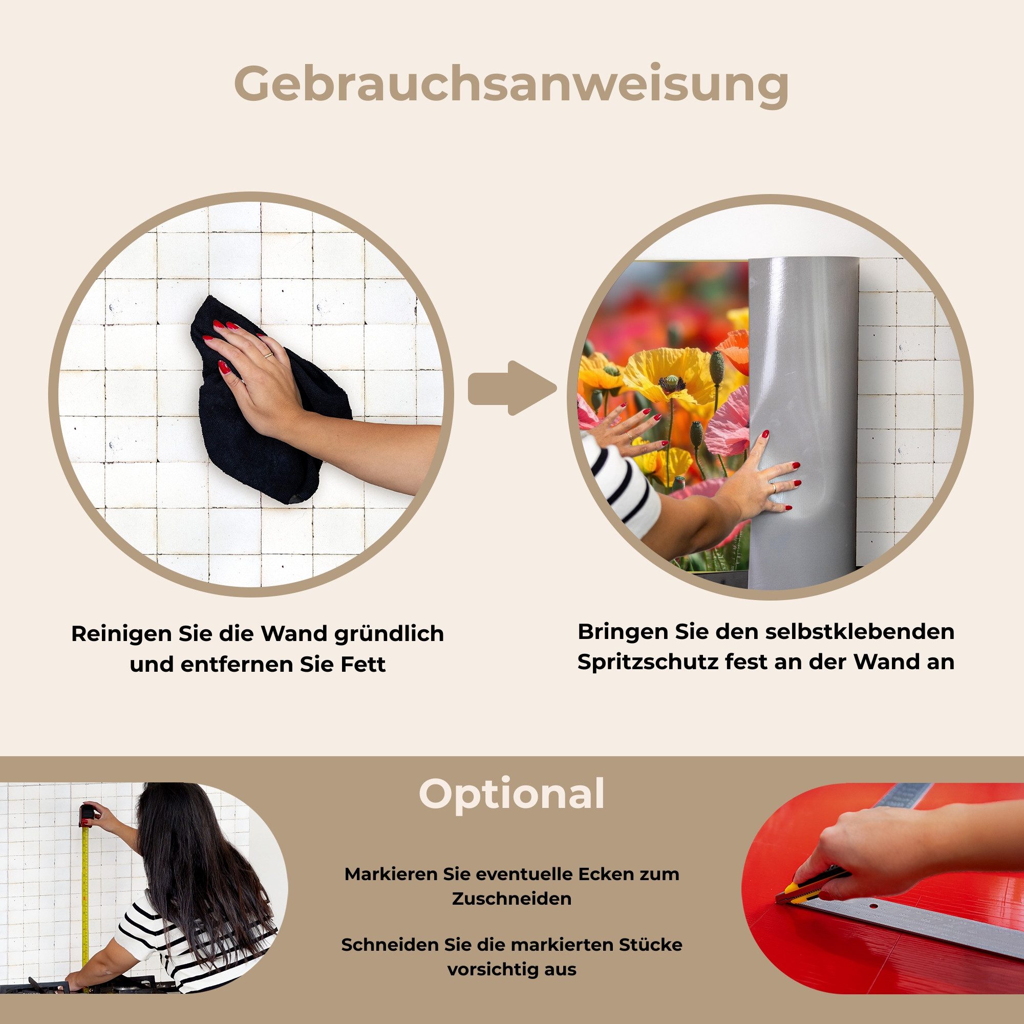 KitchenYeah Küchenrückwand selbstklebend (keine Folie) Blumenfeld - Mohnblumen - Farbenfroh, (1-tlg), Küchenrückwand, Spritzschutz, Kitchen, 60x30 cm – Bild 3 von 5