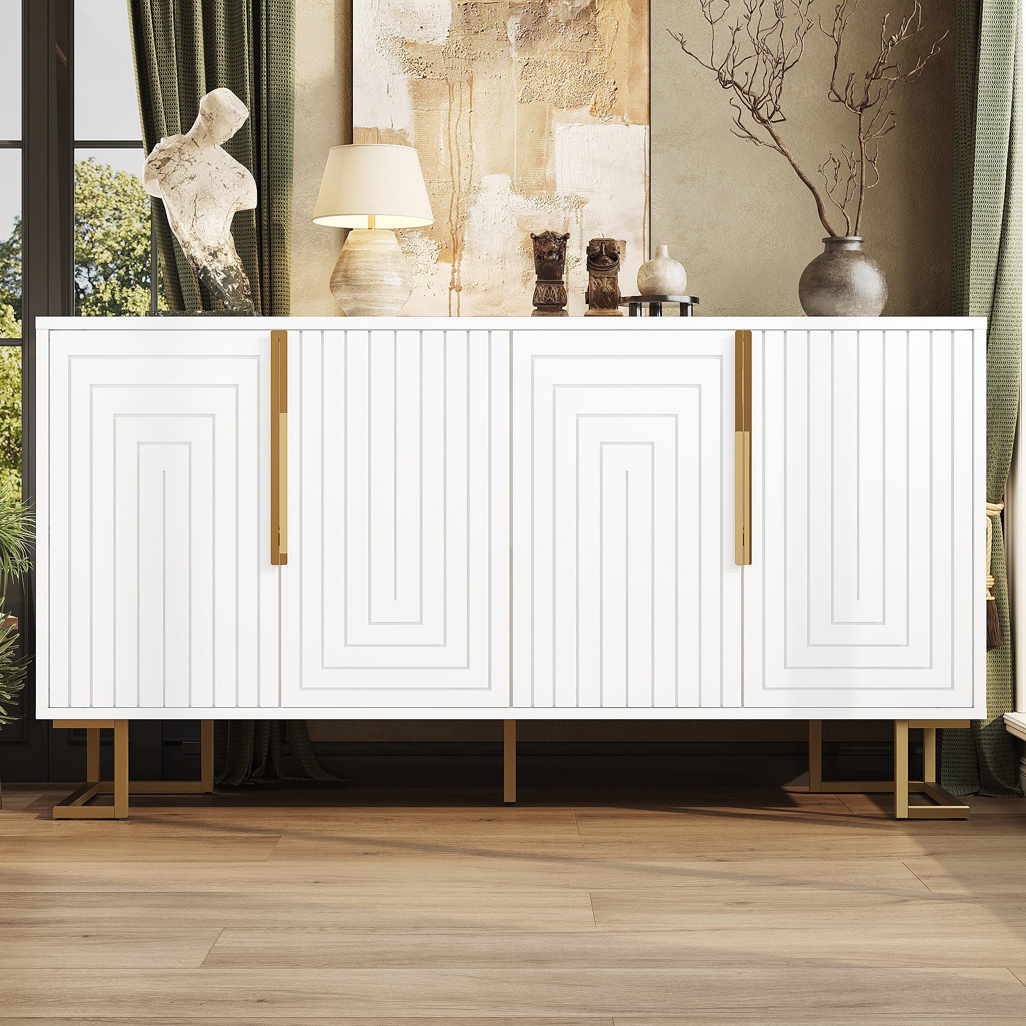 Flieks Sideboard mit 4 Türen Weiß/Schwarz (B152/T40/H75 cm, 1 St., Schrank für Wohnzimmer, Schlafzimmer und Esszimmer), Mehrzweckschrank Kommode mit verstellbare Fußpolstern