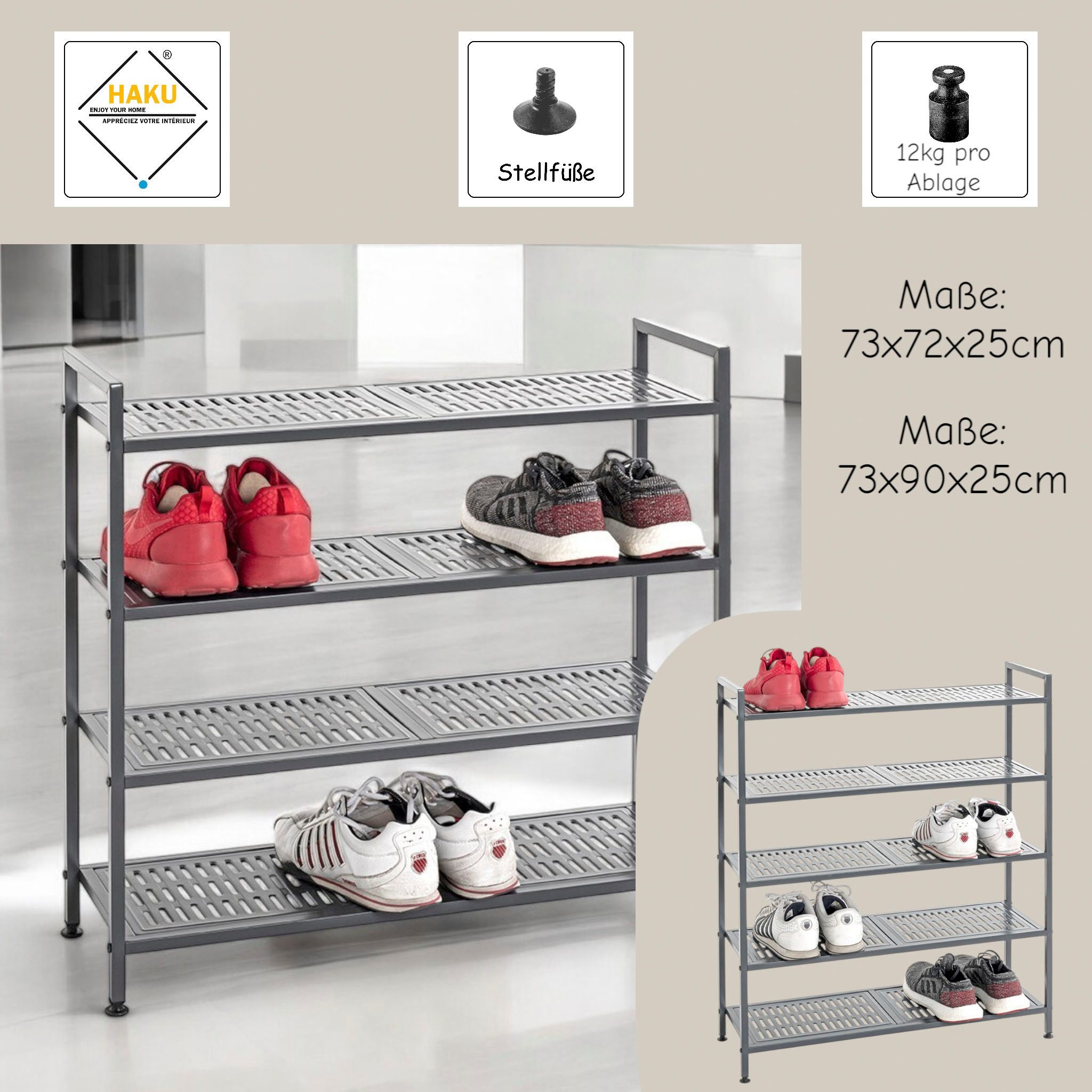 HAKU Schuhregal Schuhaufbewahrung, 1-tlg., rechteckig - aus Metall Anthrazit - B/T/H 73/25/90 cm
