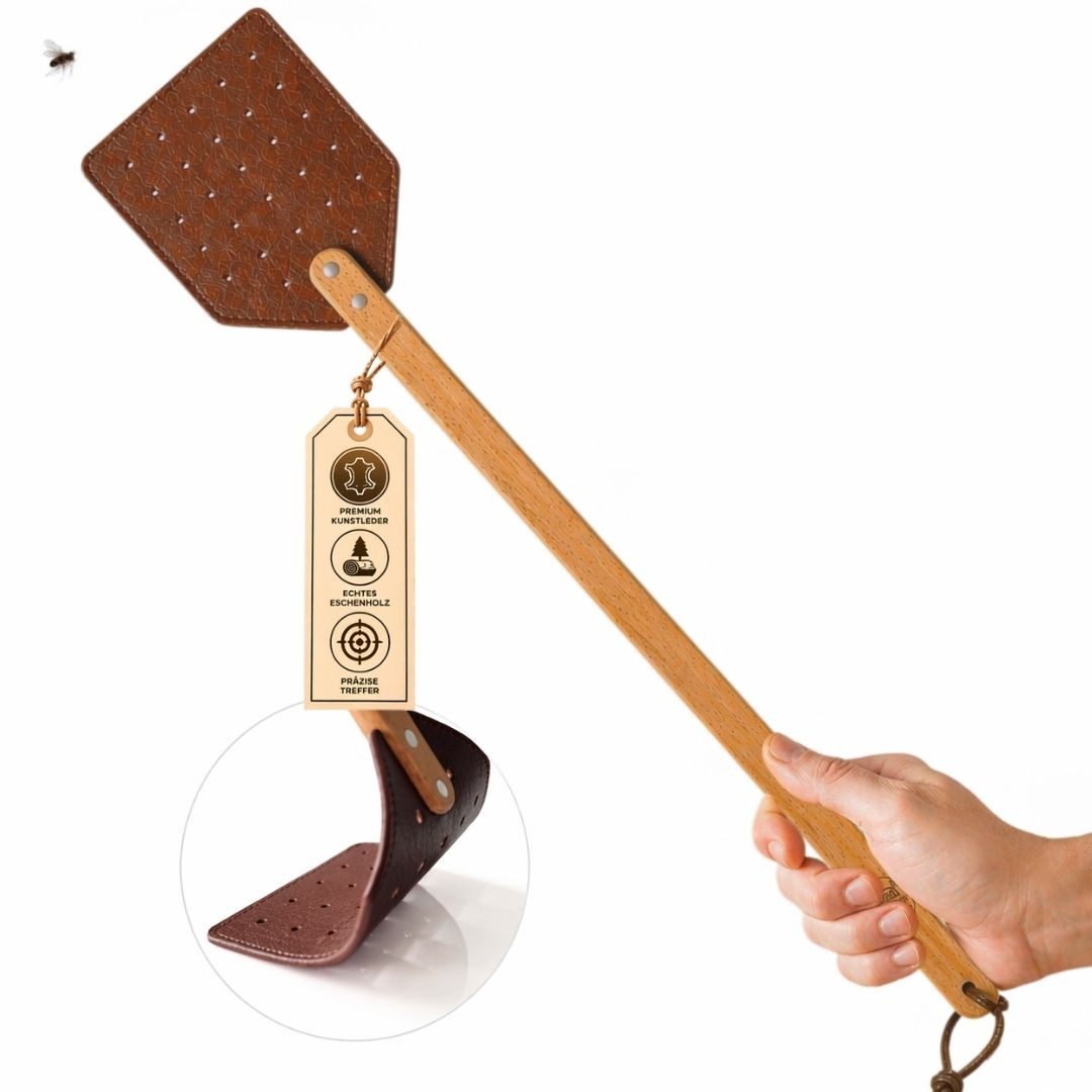 Topanbieter999 Fliegenklatsche mit Holzgriff extra lang 51 cm, Gelochtes Design für präzises Treffen