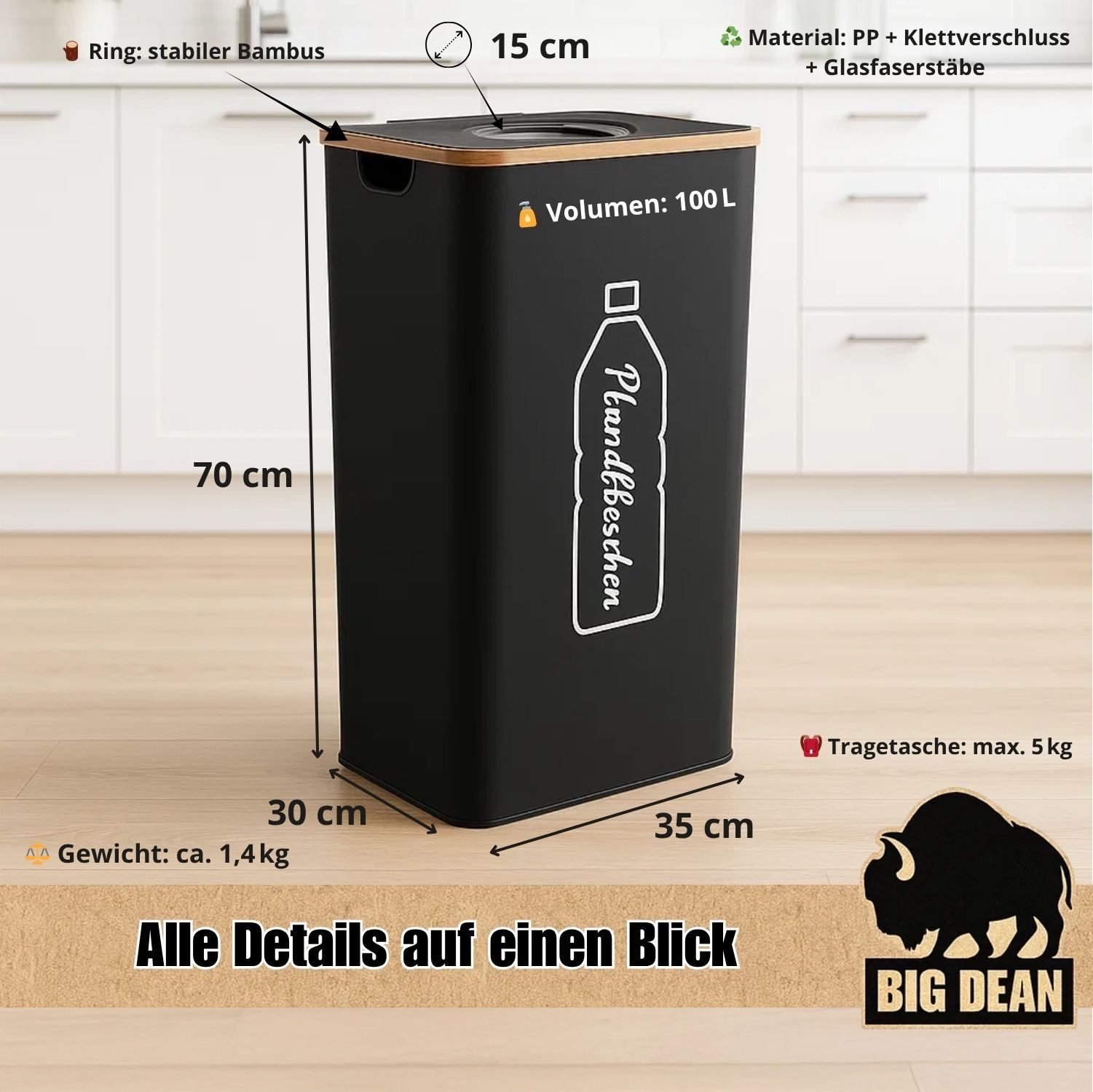 BigDean Flaschenkorb Pfandflaschen Sammelbehälter 100L inkl. Tragetasche Flaschensammler, 100 l – Bild 3 von 5