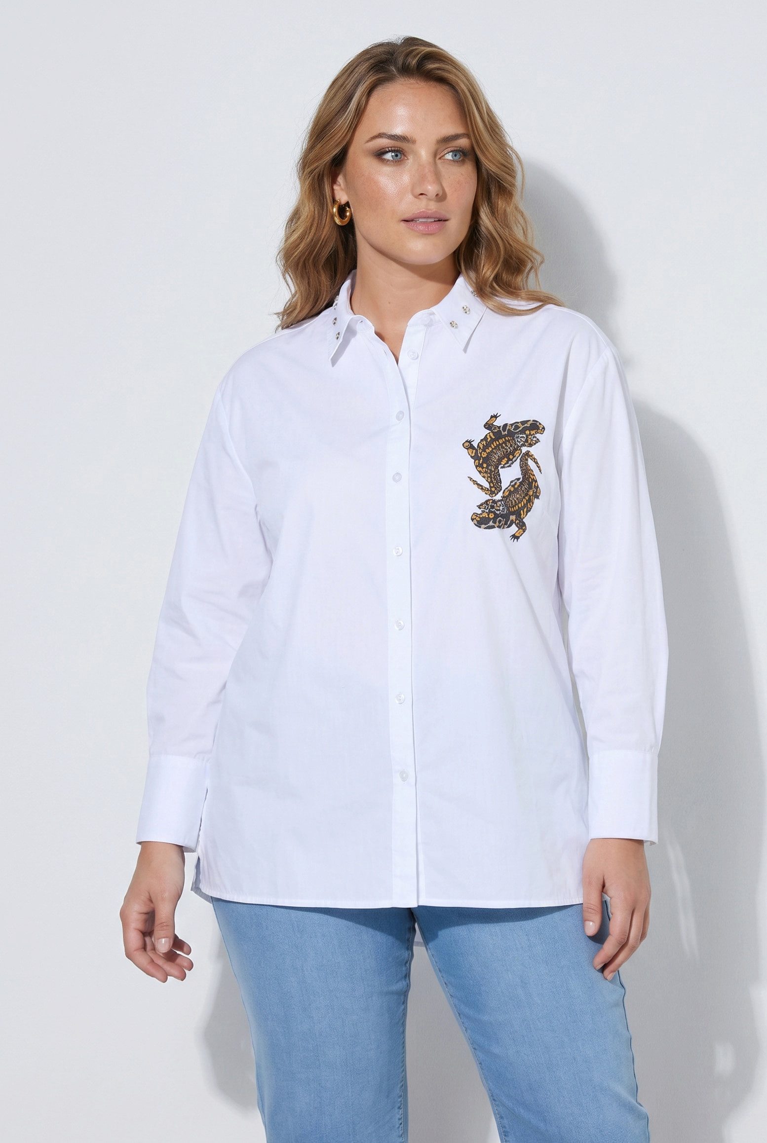 Hemdbluse Hemdbluse oversized Zier-Ösen am Hemdkragen