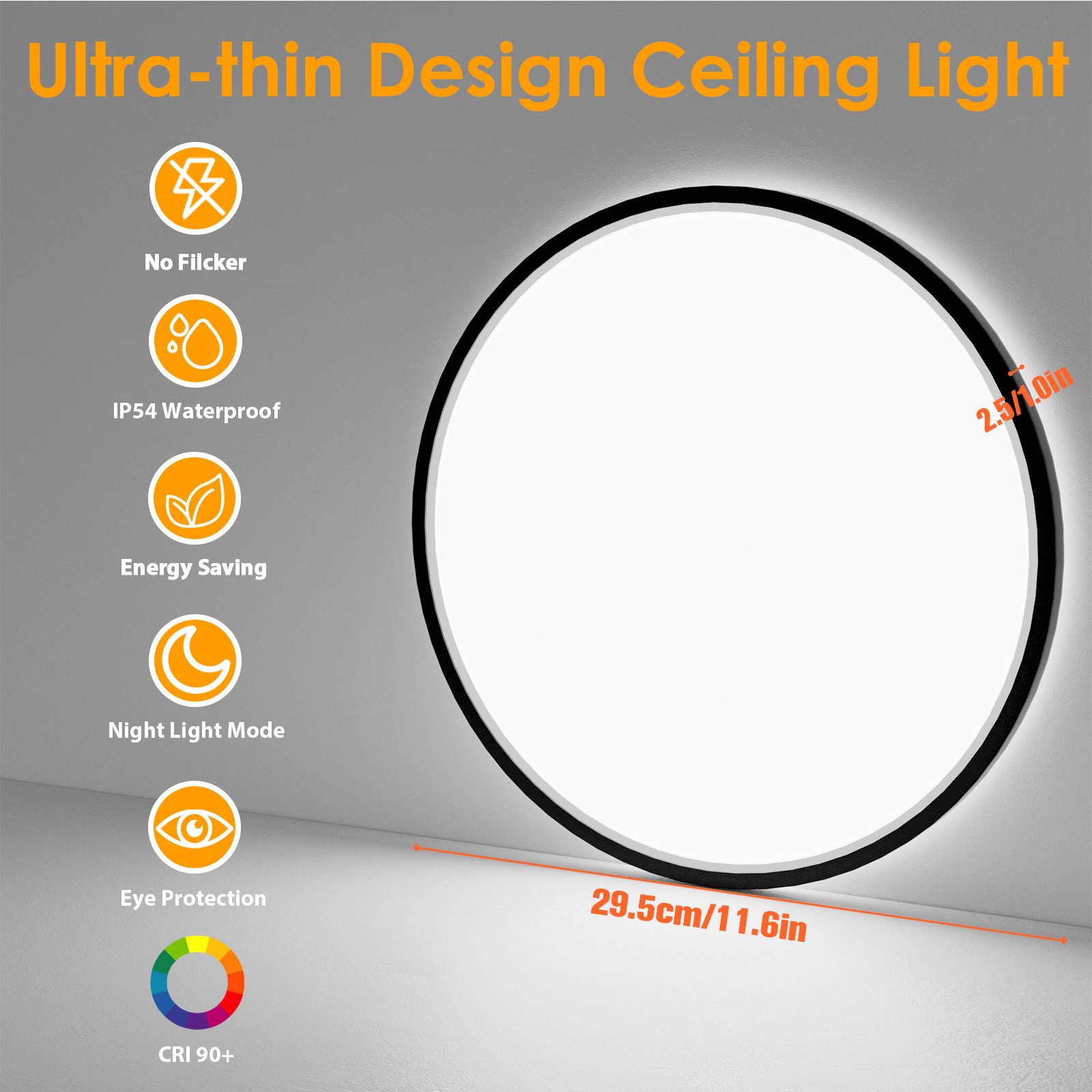 POPOLIC LED Deckenleuchte 24W 3200LM Deckenlampe Flach Dimmbar mit Fernbedienung 3000K-6500K, IP54 Ultra Dünn Schlafzimmer Lampe, Ø30cm Rund Schwarz