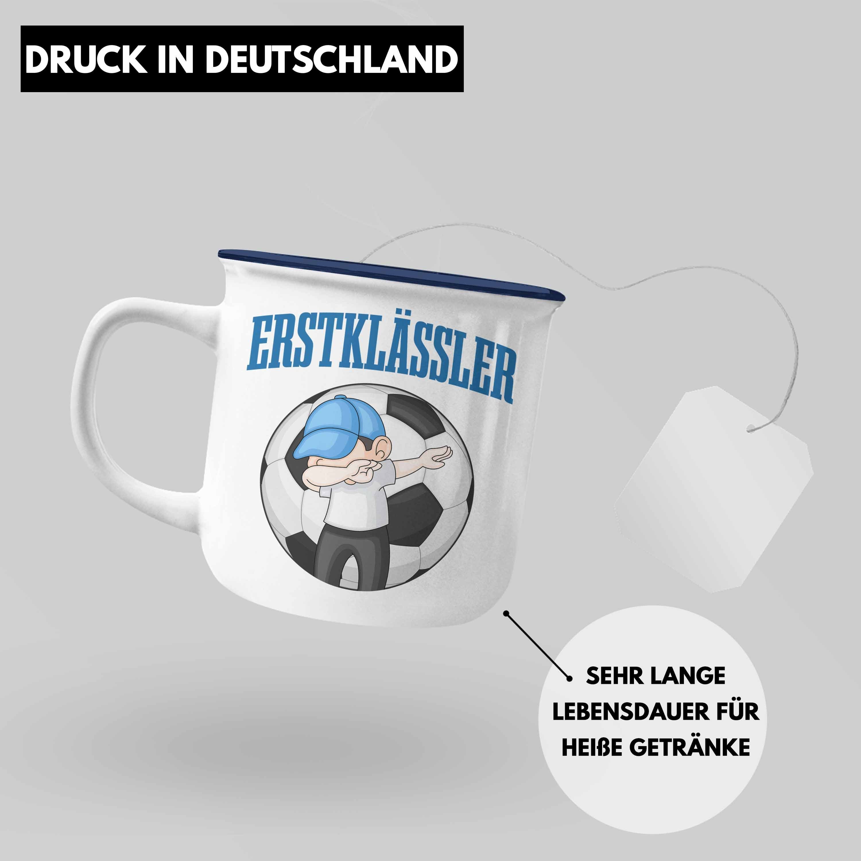 Trendation Thermotasse Trendation - Schultag Fussball Schulstart Emaille für Blau Einschulung Jungs Geschenkidee 1. Junge Schultüte Schuleinführung Tasse Geschenk Füllung Schulkind Schulanfang