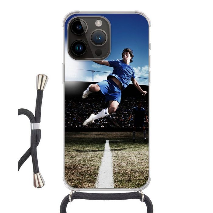MuchoWow Handyhülle Fußballspieler macht einen Volley Handyhülle Telefonhülle Apple iPhone 14 Pro