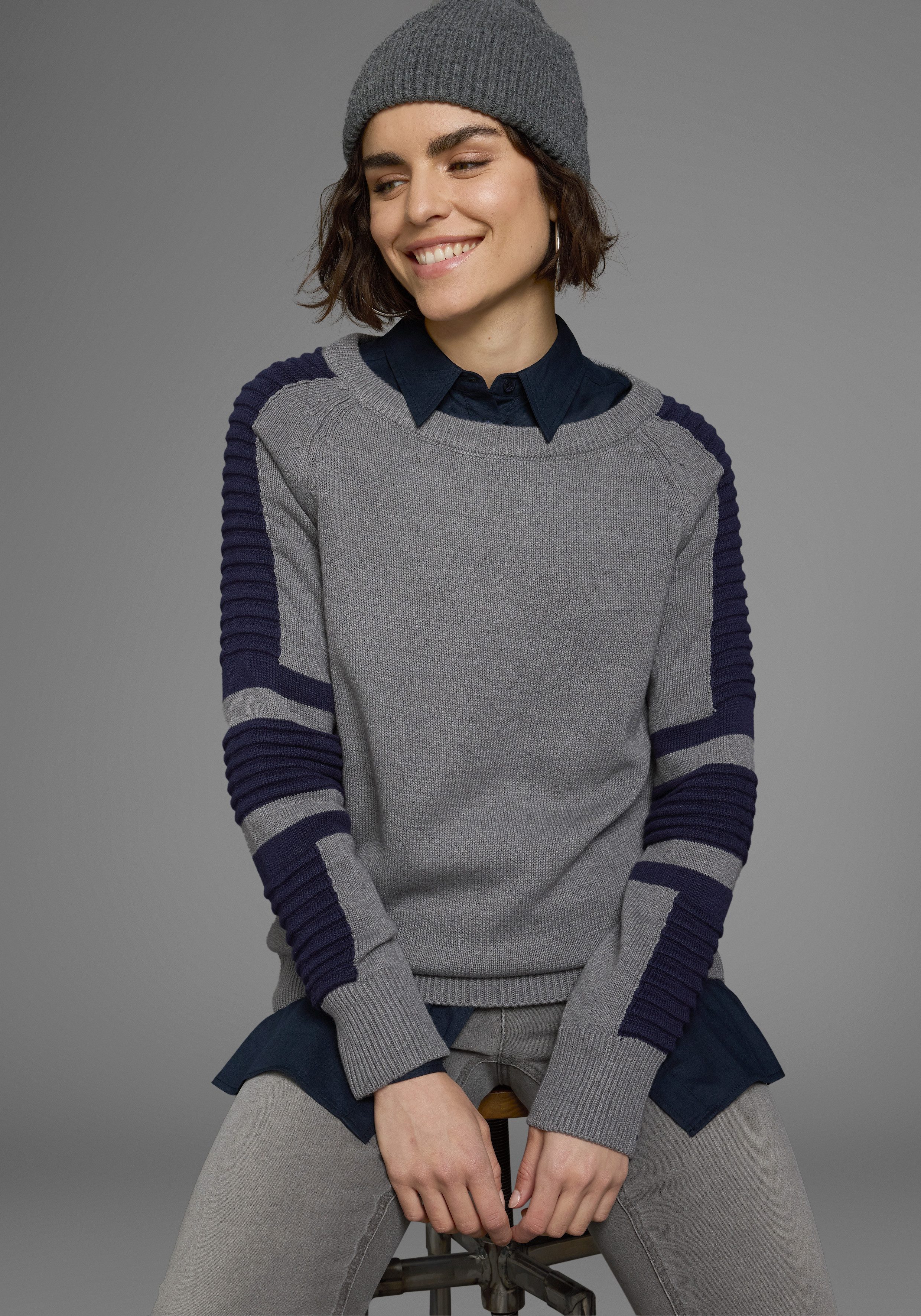 Arizona Rundhalspullover im Bikerstil mit Ärmeln in Fein - und grobem Rippe günstig online kaufen