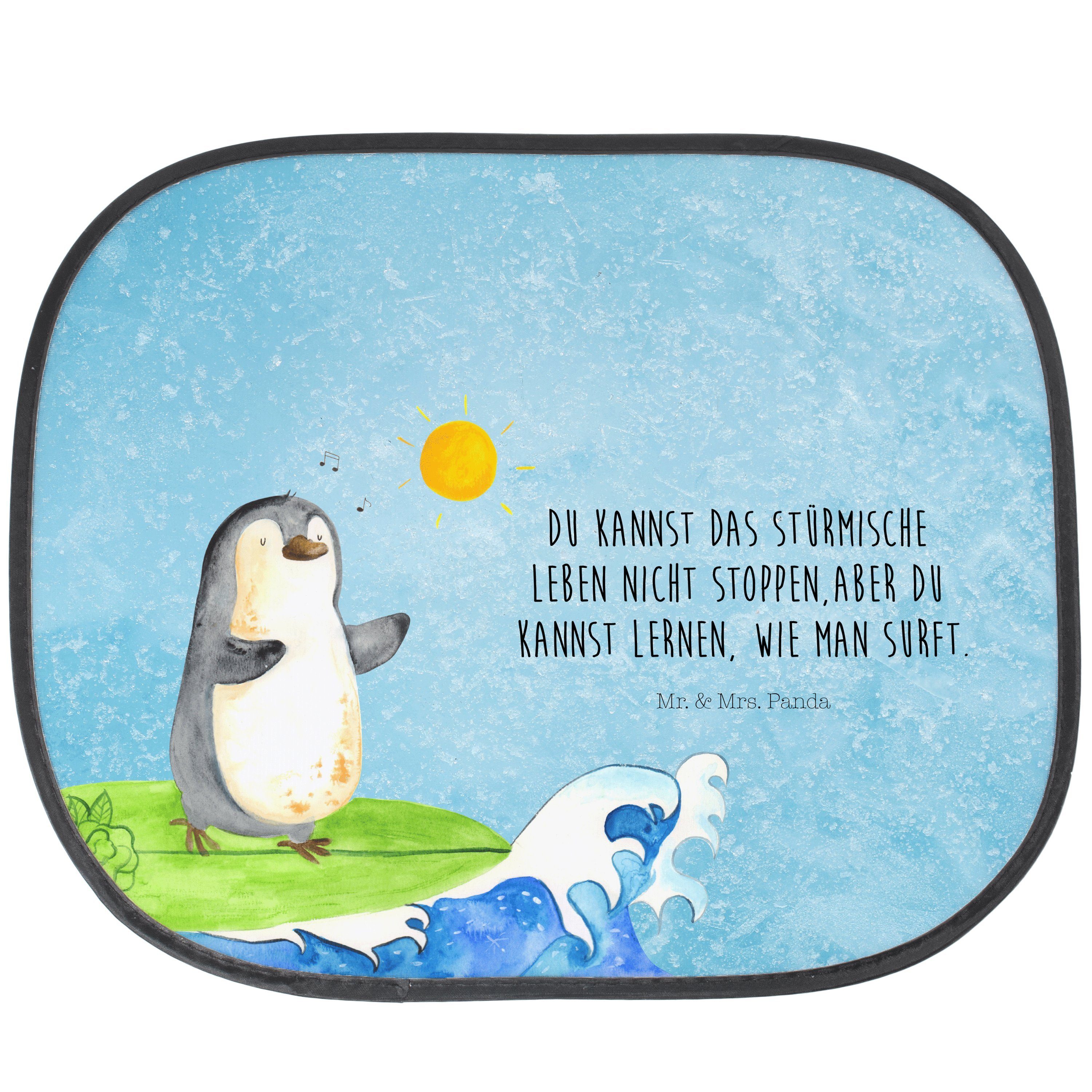 Sonnenschutz Pinguin Surfer - Eisblau - Geschenk, Pinguine, Wellen, Sonnenblende, Mr. & Mrs. Panda, Seidenmatt