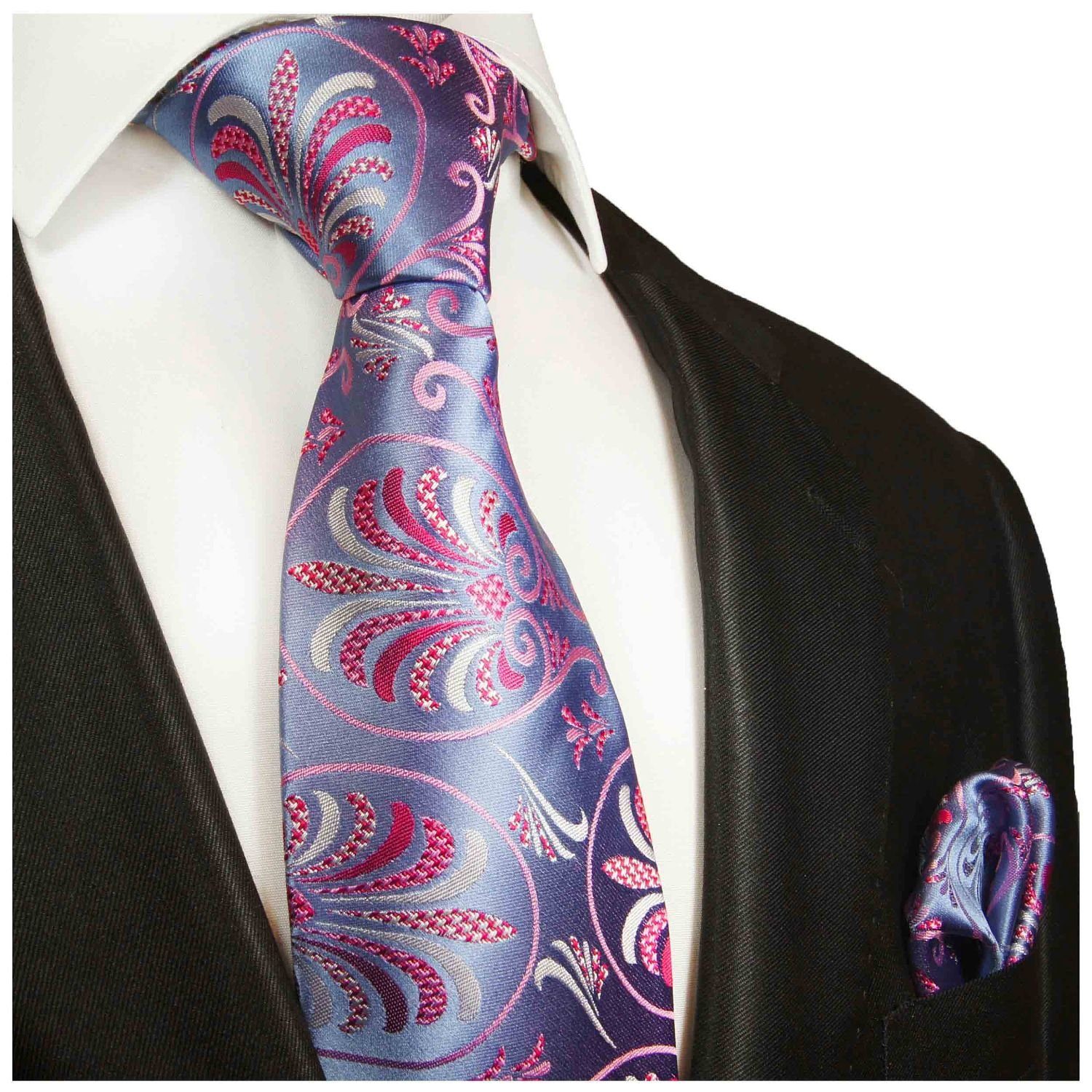 1011 Elegante Krawatte 2-St., Krawatte Herren (6cm), Seide mit modern (Set, pink floral mit 100% Malone blau Schmal Tuch Seidenkrawatte Paul Einstecktuch)