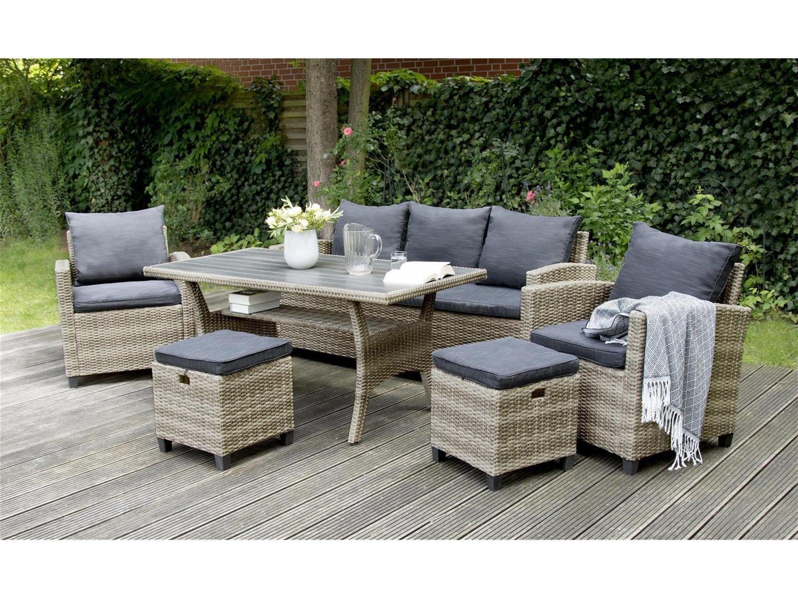 bellavista - Home&Garden® Gartenlounge-Set Rattan Gartenmöbel Dininglounge Set Madeira II grau, (Set, 6-tlg), Tischplatte mit Holzoptik, für bis zu 7 Personen