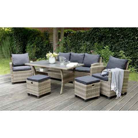 bellavista - Home&Garden® Gartenlounge-Set Rattan Gartenmöbel Dininglounge Set Madeira II grau, (Set, 6-tlg), Tischplatte mit Holzoptik, für bis zu 7 Personen