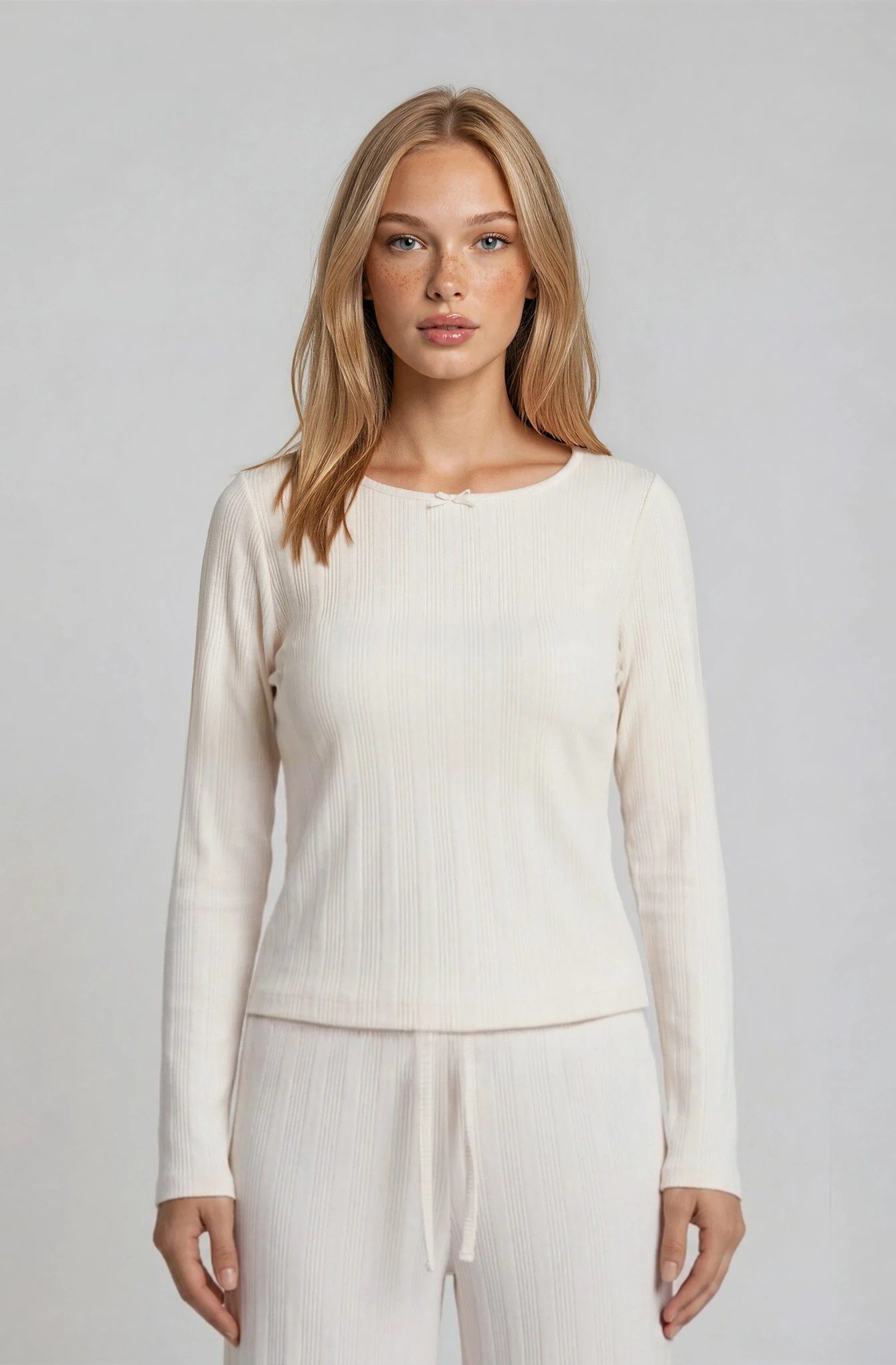 Mademoiselle Sommeil Pyjama Damen Schlafanzug aus Weißem Pointelle-Strick 100% Baumwolle, Langarm, Seitentaschen, gefertigt in Polen