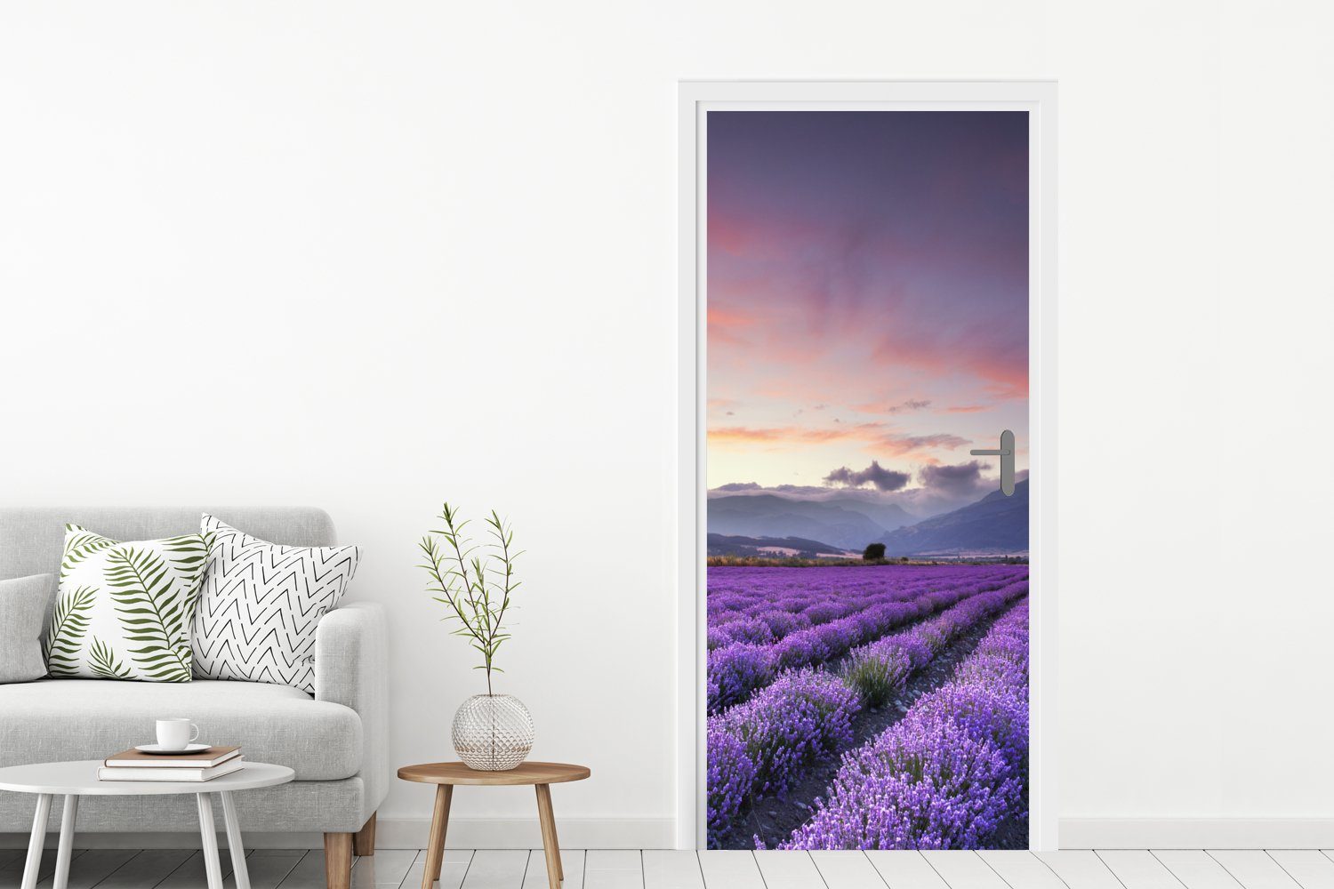 Sonnenuntergang, Fototapete Lavendelfeld Tür, cm bei (1 schönes 75x205 Türaufkleber, für Ein St), Matt, Türtapete MuchoWow bedruckt,