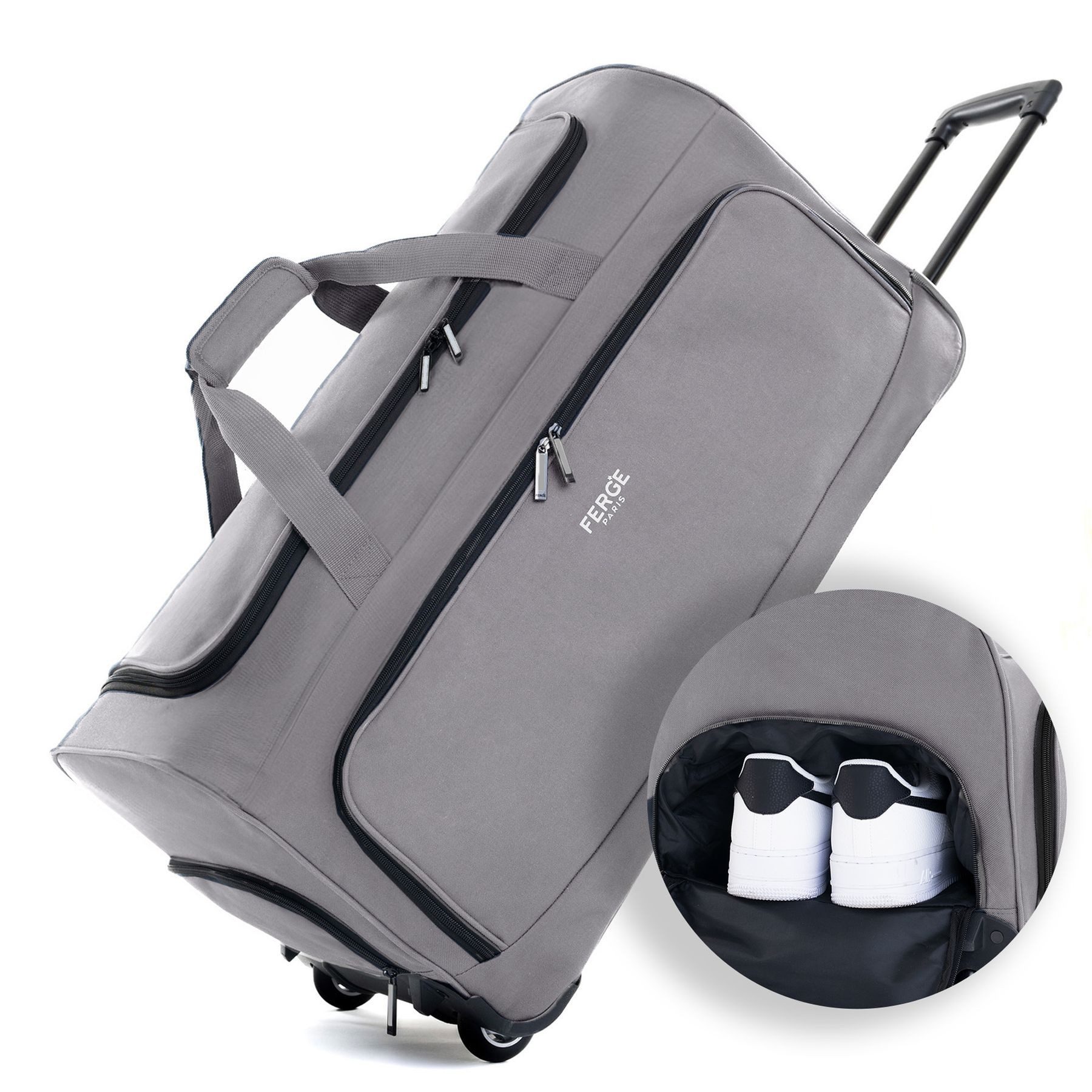 FERGÉ Reisetasche wasserabweisend Reisetasche mit Rollen groß Paris, Reisetasche mit Rollen und extra Schuhfach, Reisegepäck grau