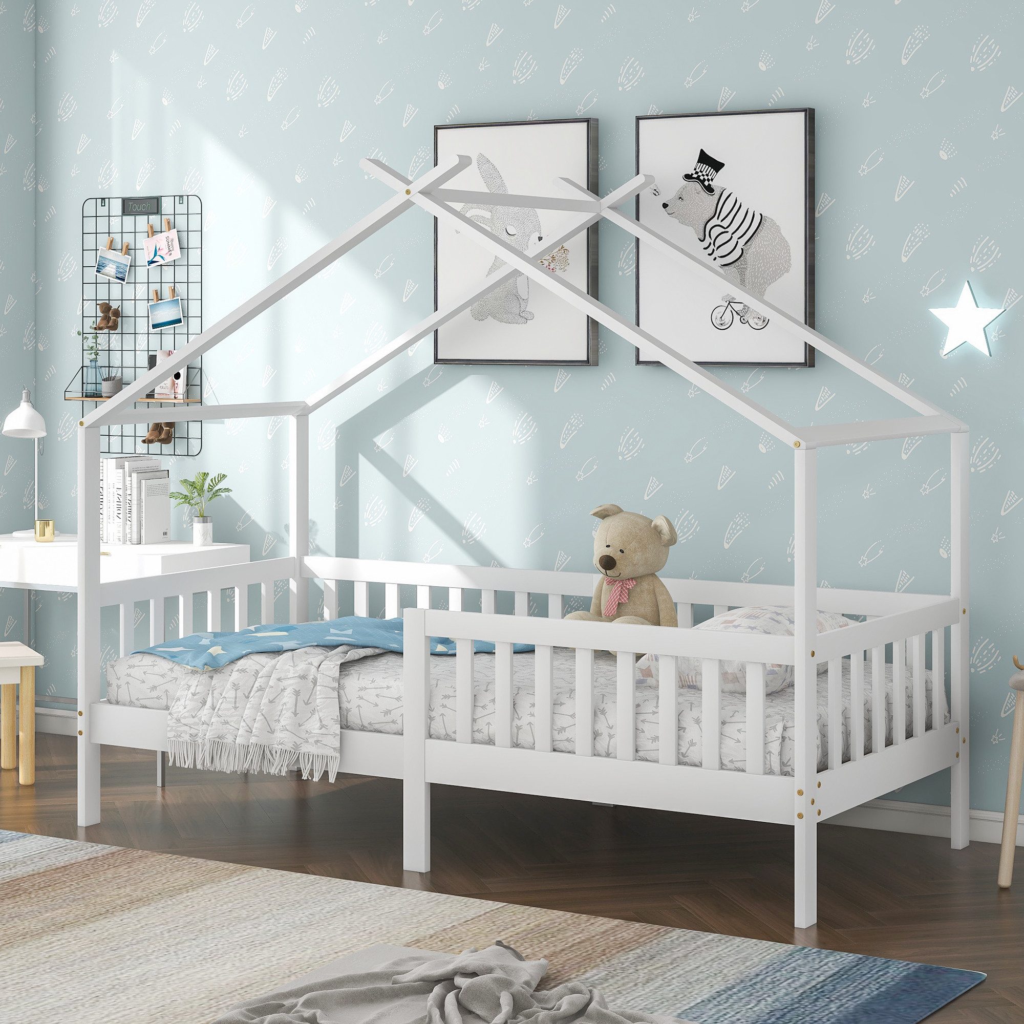 Kinderbett Schönes Hausbett mit Zaun, Absturzsicherung und Lattenrost