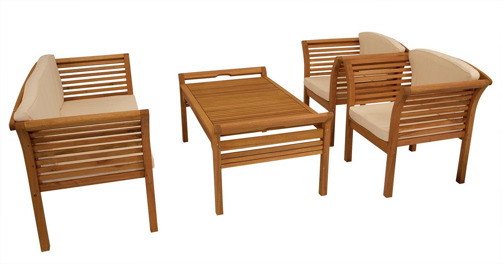 DEGAMO Gartenlounge-Set MALAGA, (4-tlg), (2x Sessel, 1x Sofa, 1x  Loungetisch), Eukalytpus, mit Polstern