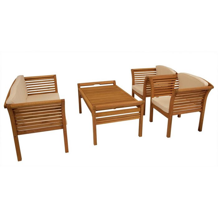 DEGAMO Gartenlounge-Set MALAGA (4-tlg) (2x Sessel 1x Sofa 1x Loungetisch) Eukalytpus Hartholz mit Polstern cremefarben