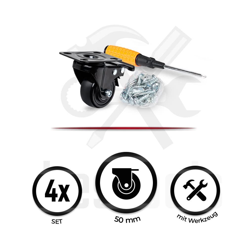 bestTools Schwerlastrolle Werkbank Rollen 50 mm, 360° drehbar 4er Set bis 135 kg, 2 Rollen mit Bremse, inkl. Montagewerkzeug, bodenschonend – Bild 4 von 5