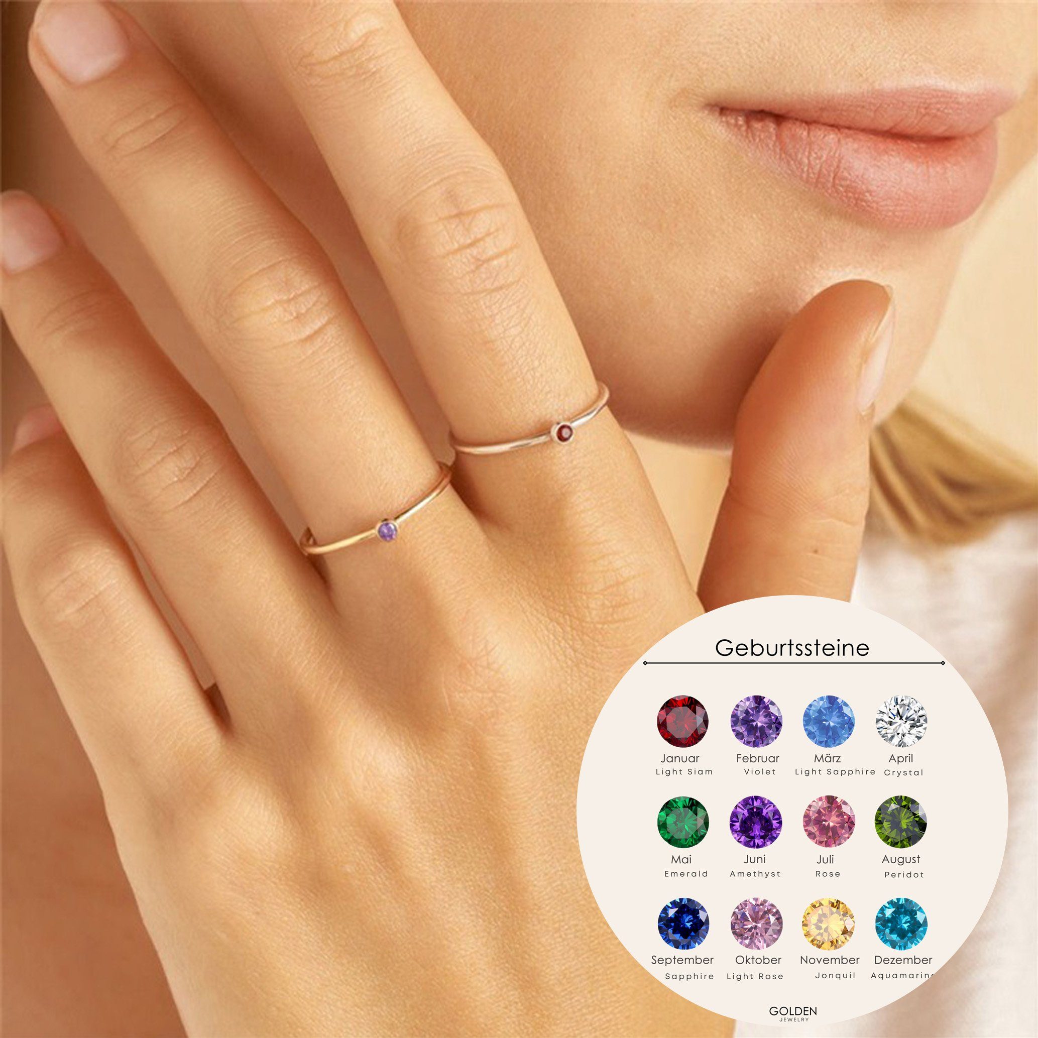 GOLDEN Fingerring Minimalistischer Geburtsstein Ring, zierlicher Stapelring mit Stein mehr