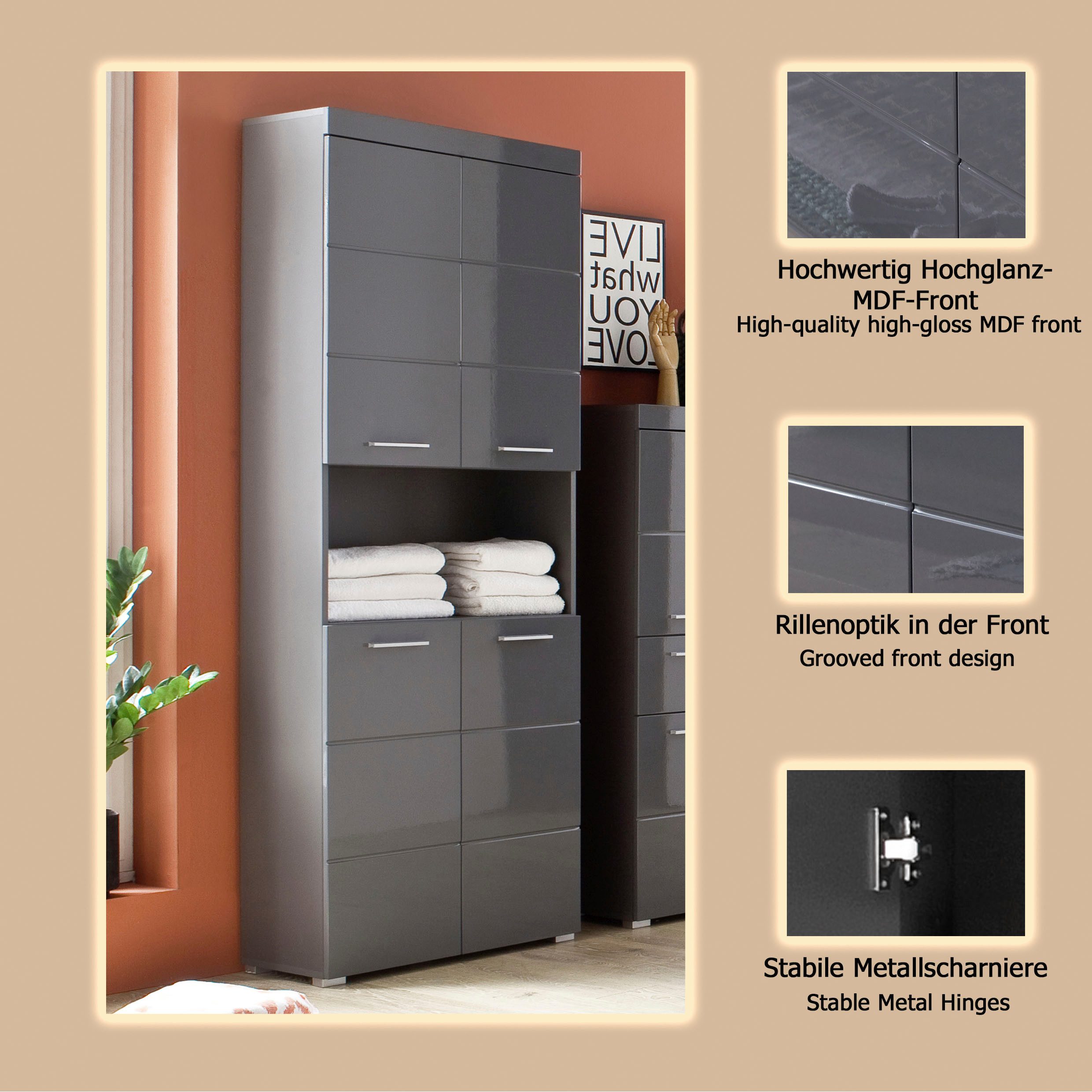 welltime Hochschrank Avena Badschrank 4-türig mit o. Fach und 4 Einlegeböden - B/T/H 73/31/190 cm