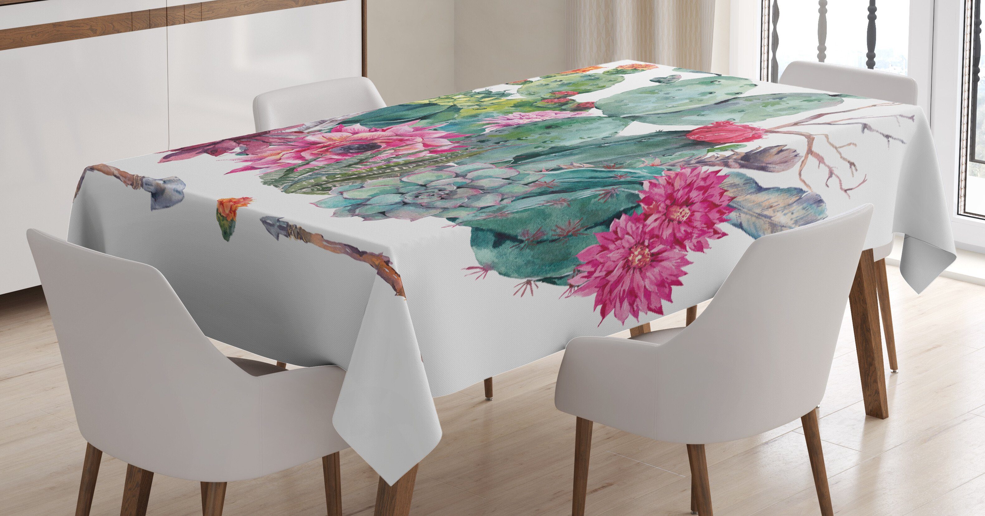Abakuhaus Tischdecke Farbfest Waschbar Für den Außen Bereich geeignet Klare Farben, Kaktus Blumenstrauß in Boho Style-Pfeil