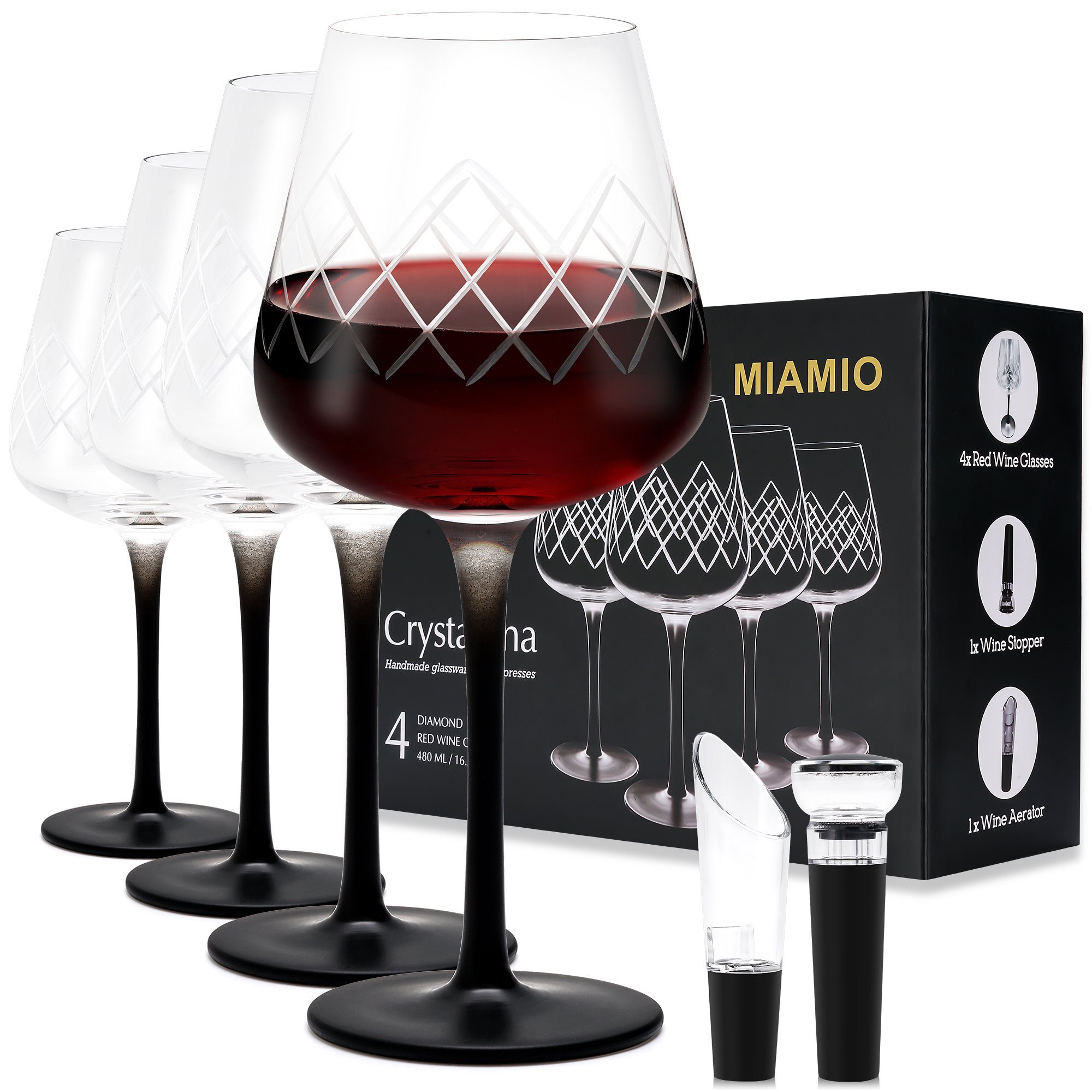 MiaMio Rotweinglas Crystaluna mit schwarzem Stiel, 4-tlg., Glas, 4-teilig, schwarzer Stiel