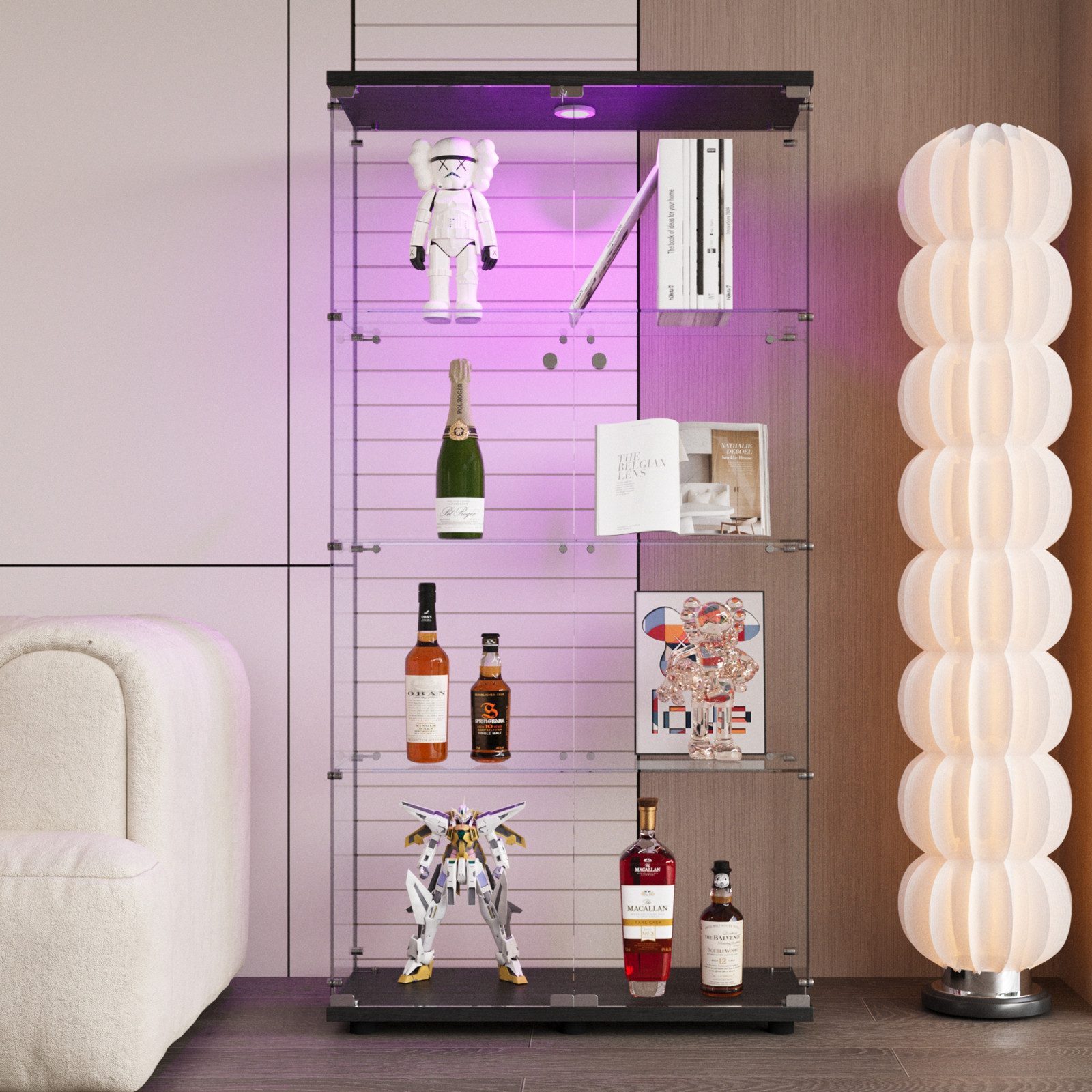 BELUPAI Glasvitrine Modern Glas Vitrinenschrank mit LED-Beleuchtung (Set, 1-St., 4 Lagen Standvitrine mit 2 Glastür) für Sammlerstücke Bücher Wein, 80x36x164cm, Schwarz