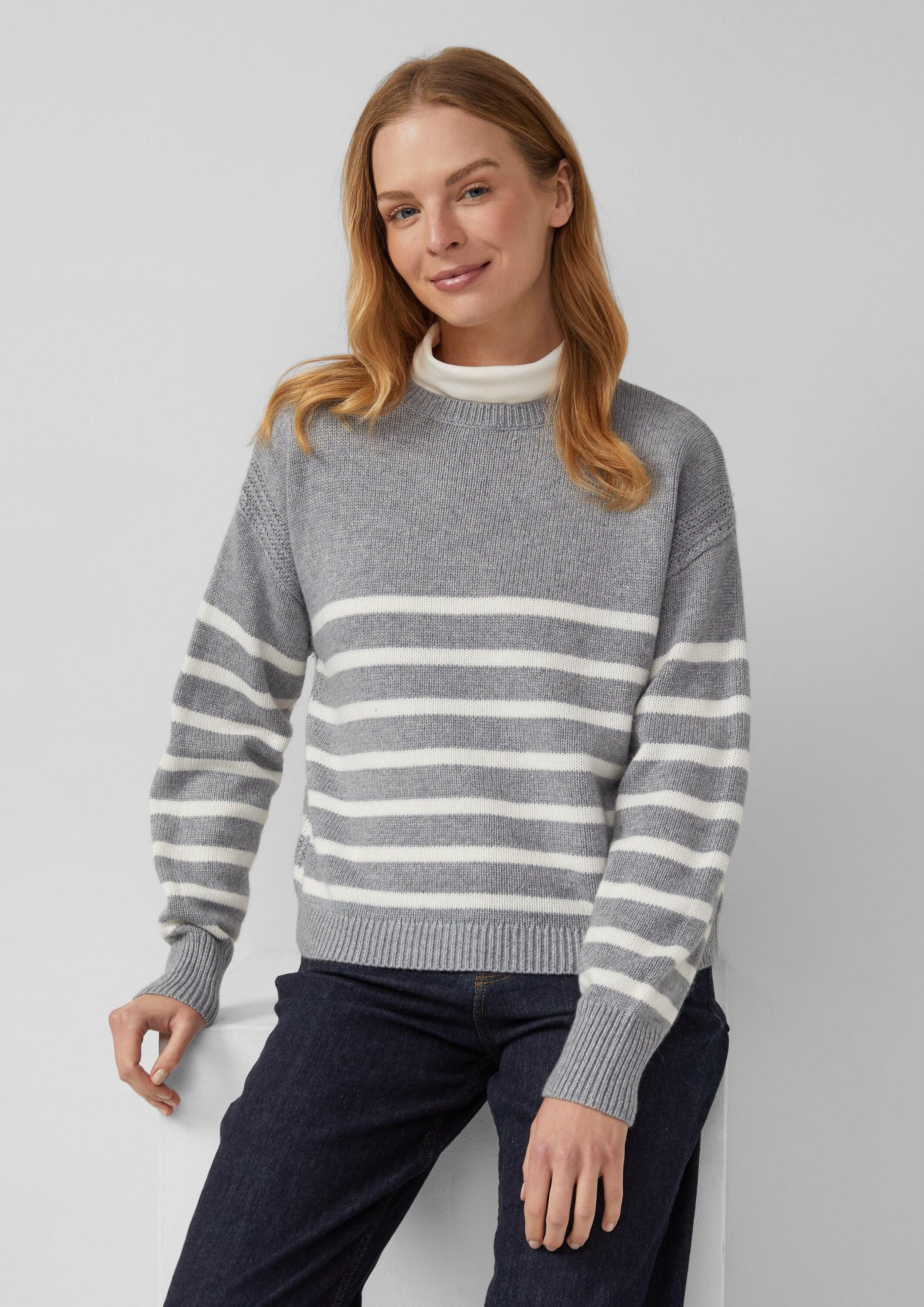 s.Oliver Longpullover Strickpullover Gestreifter Strickpullover aus Wollmix mit Ripp-Details