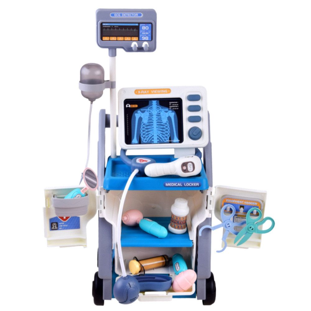 LEAN TOYS Spielzeug-Arztkoffer Arztwagen Rollenspielset Kinderarztpraxis, (Spar-Set, 1-tlg., 57 x 23 cm fahrbar), Röntgen- & EKG-Panel, Licht & Sound, Rollen, 16-teilig