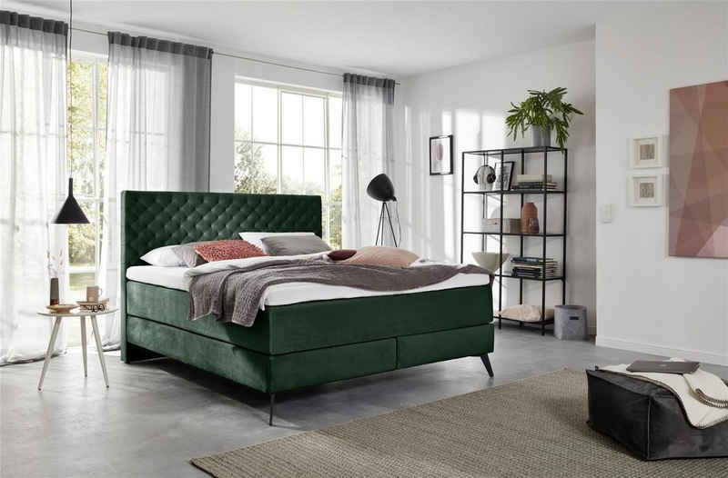 möbelando Boxspringbett LA Maison, Das Boxspringbett im Samtstoff mit gestepptem Kopfteil, ist auf einem hochwertigen Holzrahmen mit Bonnell-Federkern und einer 7-Zonen-Tonnentaschenfederkern-Matratze (TTFK 350) mit optimaler Körperanpassungsfähigkeit und hervorragender Punktelastizität durch sensible Federn, die einzeln in Taschen eingenäht sind.