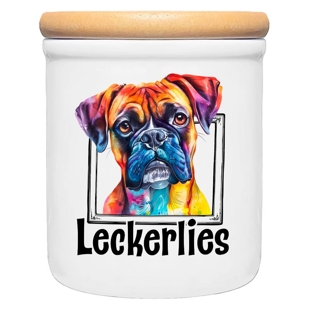 Cadouri Vorratsdose BOXER - Leckerlidose Hund - für Hundekekse, Keramik, (Leckerlidose mit Hunderasse, 2-tlg., 1x Keramikdose mit Holzdeckel), Hundekeksdose, handgefertigt in Deutschland, für Hundebesitzer, 400 ml